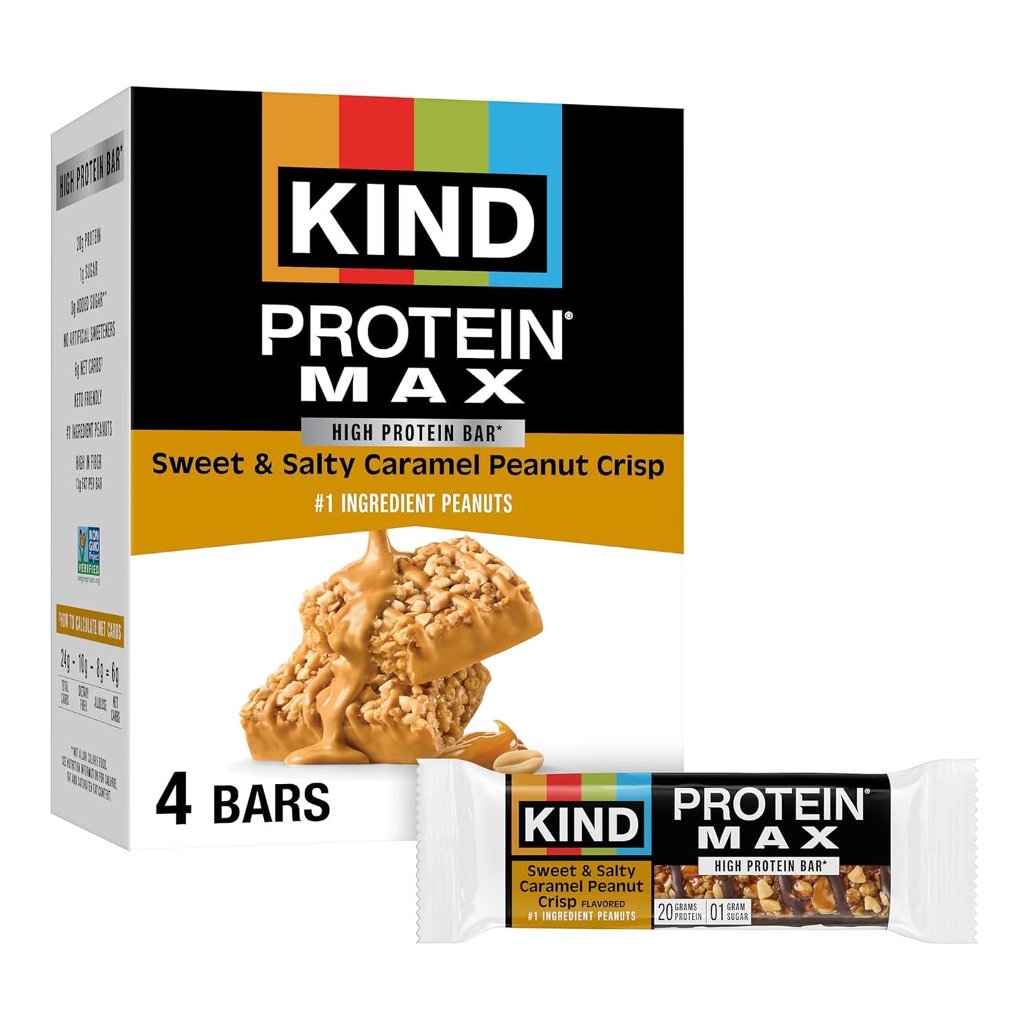 KIND Protein MAX Bars, Sweet & Salty Caramel Peanut Crisp, Gluten Free, Low Sugar, High Fiber Snacks, 20g Protein, 4 Count