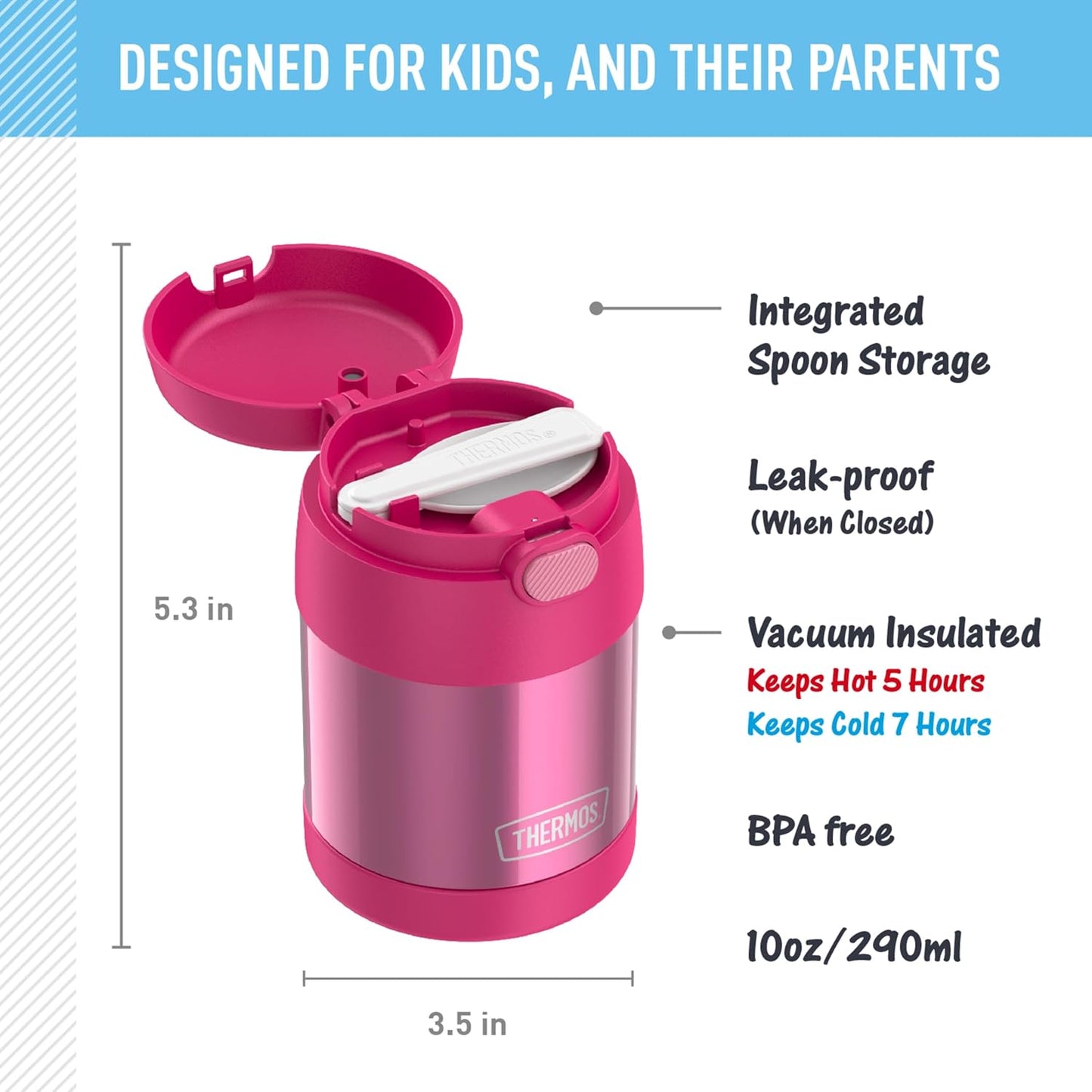 THERMOS FUNTAINER Insulated Food Jar, 10 Ounce, Kid Friendly Food Jar with Foldable Spoon, Pink