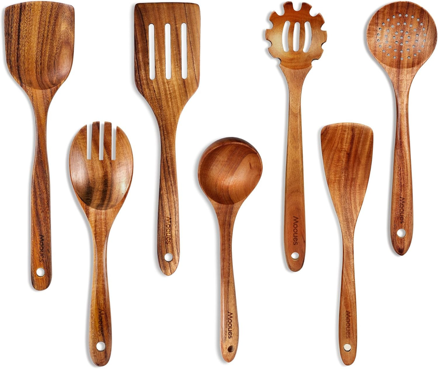 9‑Piece Natural Teak Wooden Kitchen Utensil Set with Spoon Rest and Holder