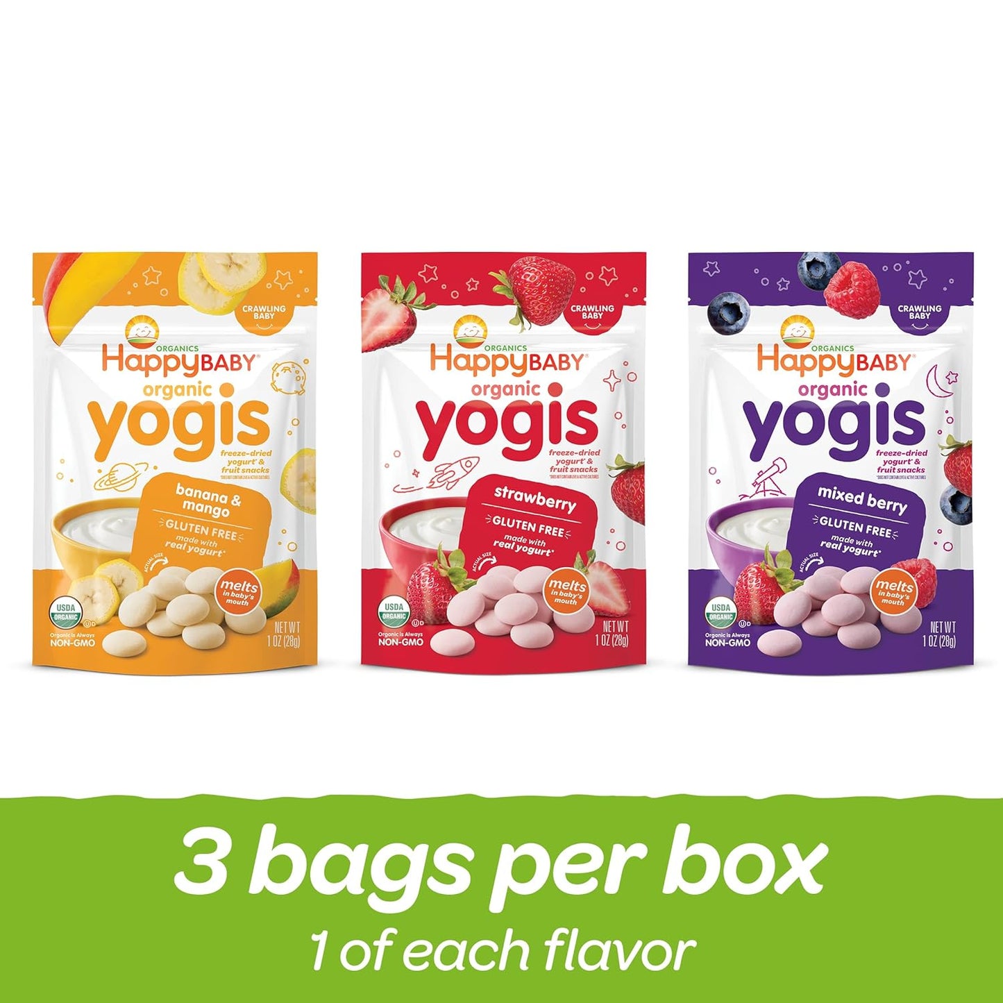 Happy Baby Organics 3 Flavor Yogis Freeze-Dried Yogurt & Fruit Snacks Variety Pack, 1 Ounce, 3 Count