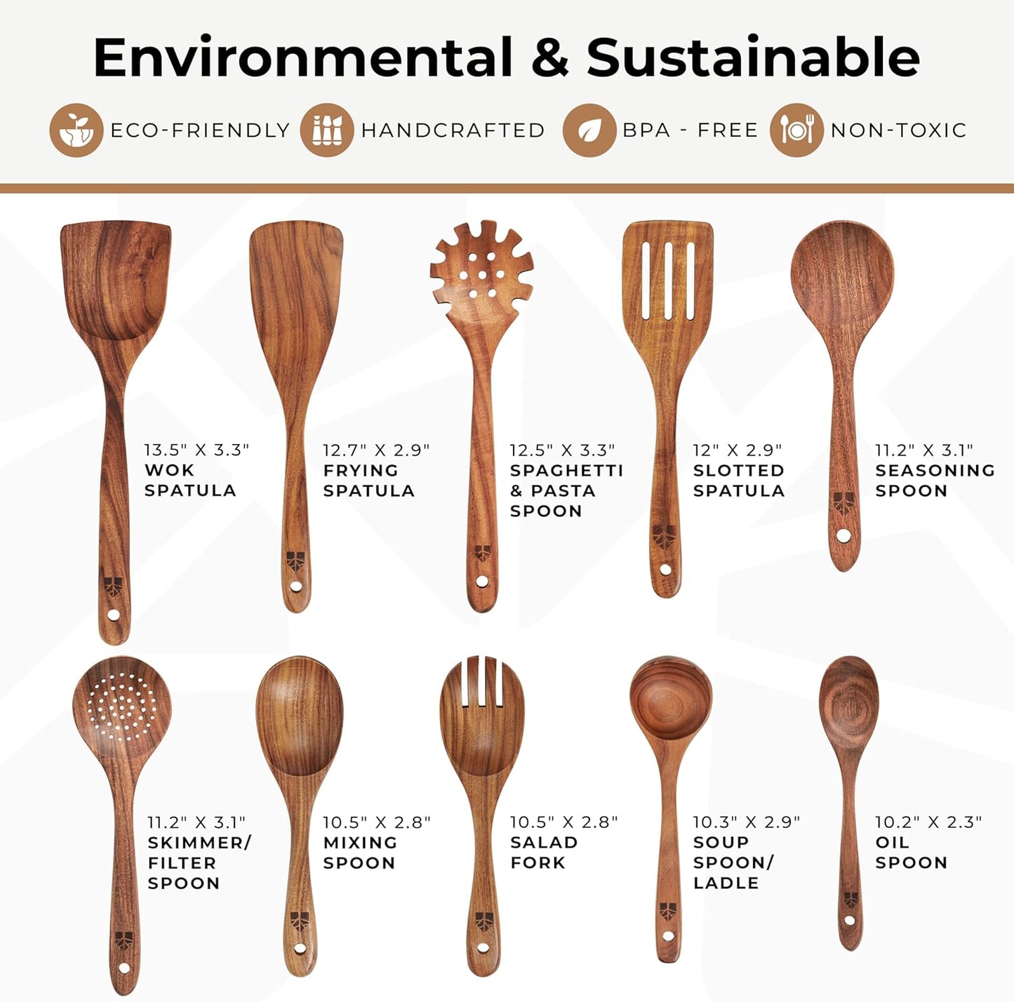 Wooden Spoons for Cooking – 10 Pc Teak Wood Utensil Set, Durable, Nonstick Safe & Heat Resistant with Ergonomic Handles - Unique Kitchen Gifts for Women Men, Cooking Gifts for Men Women