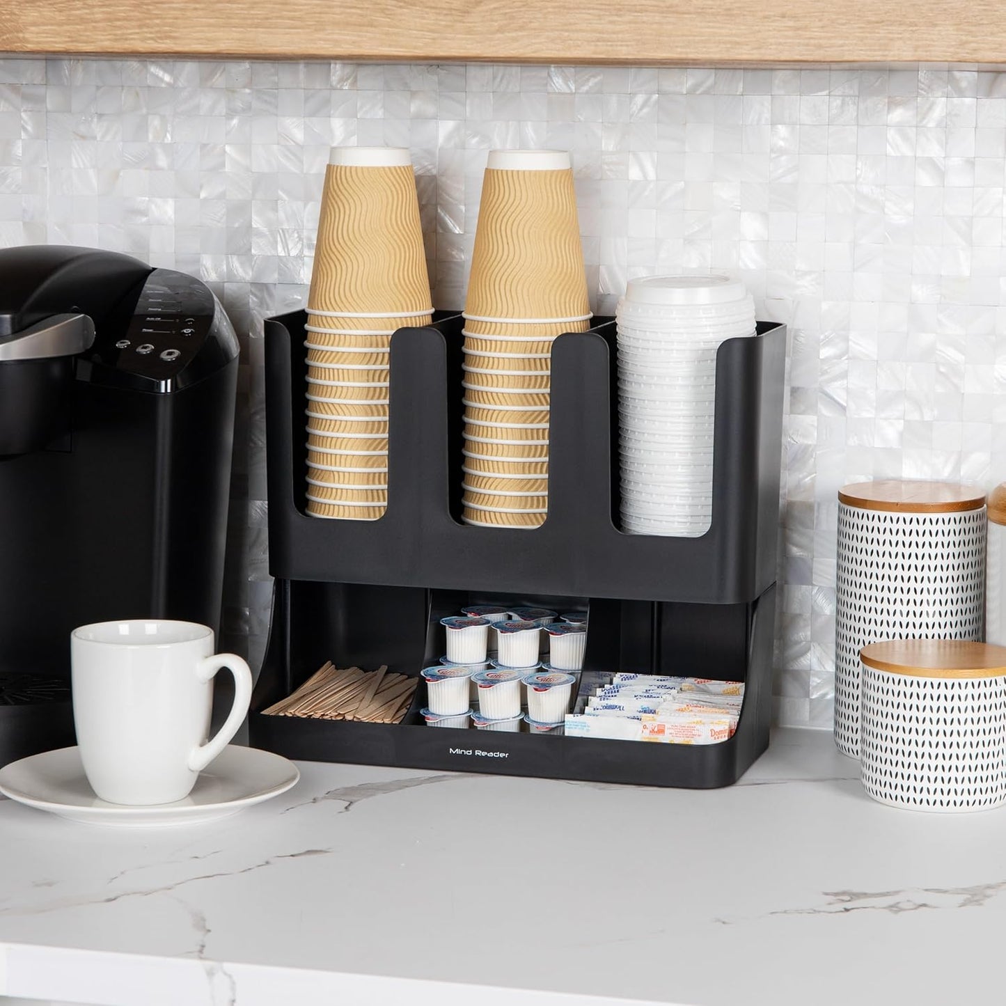Mind Reader Cup and Condiment Station, Countertop Coffee Bar Organizer with 6 Compartments, Storage Caddy for Cups Lids and Packets, Plastic, Black