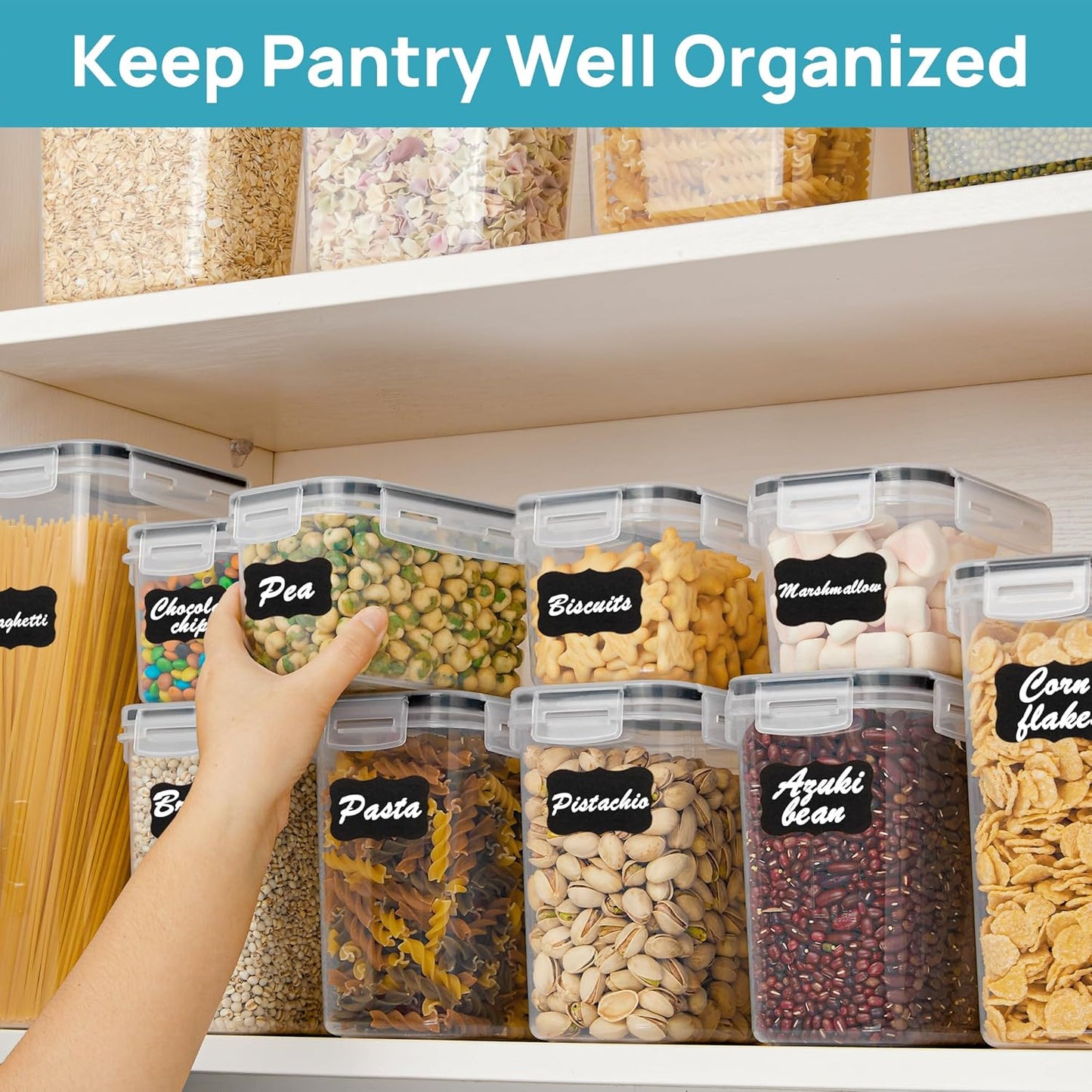 Airtight Food Storage Containers with Lids, Vtopmart 24 pcs Plastic Kitchen and Pantry Organization Canisters for Cereal, Dry Food, Flour and Sugar, BPA Free, Includes 24 Labels,Black