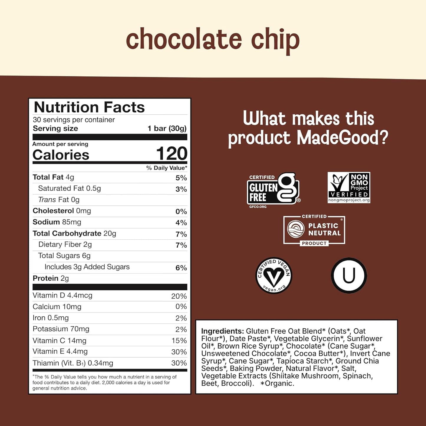 MadeGood Mornings Soft Baked Breakfast Bars, Chocolate Chip, 1.06 Oz (30 Count) Gluten Free Snacks