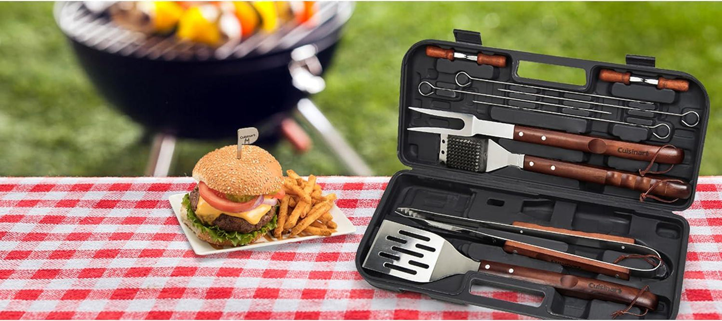 Cuisinart 13-Piece Wooden Handle Grill Tools Set, Grill Utensils Set BBQ Accessories, Durable Stainless Steel Spatula, Tongs, Cleaning Brush & More, Compact Case, Grilling Gifts for Men, CGS-W13
