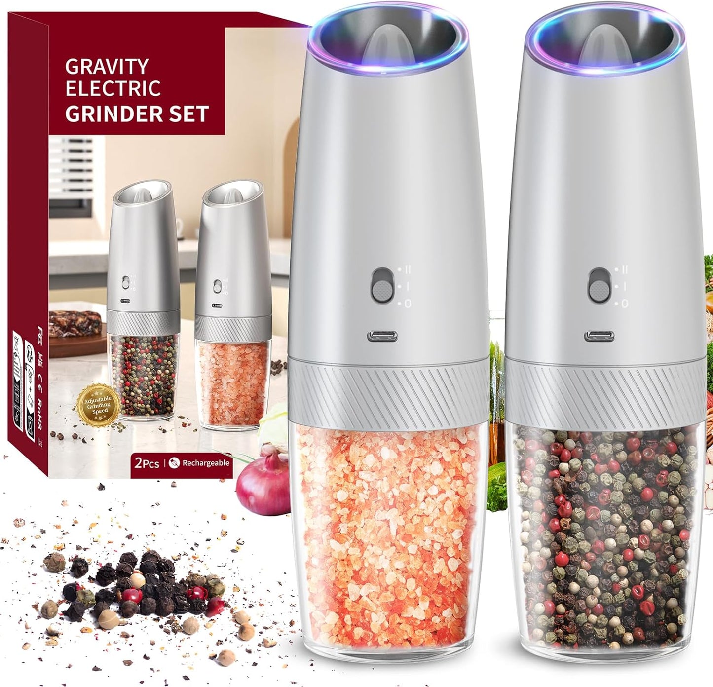 CIRCLE JOY Gravity Electric Salt and Pepper Grinder Set – Automatic LED Light Salt & Pepper Mills