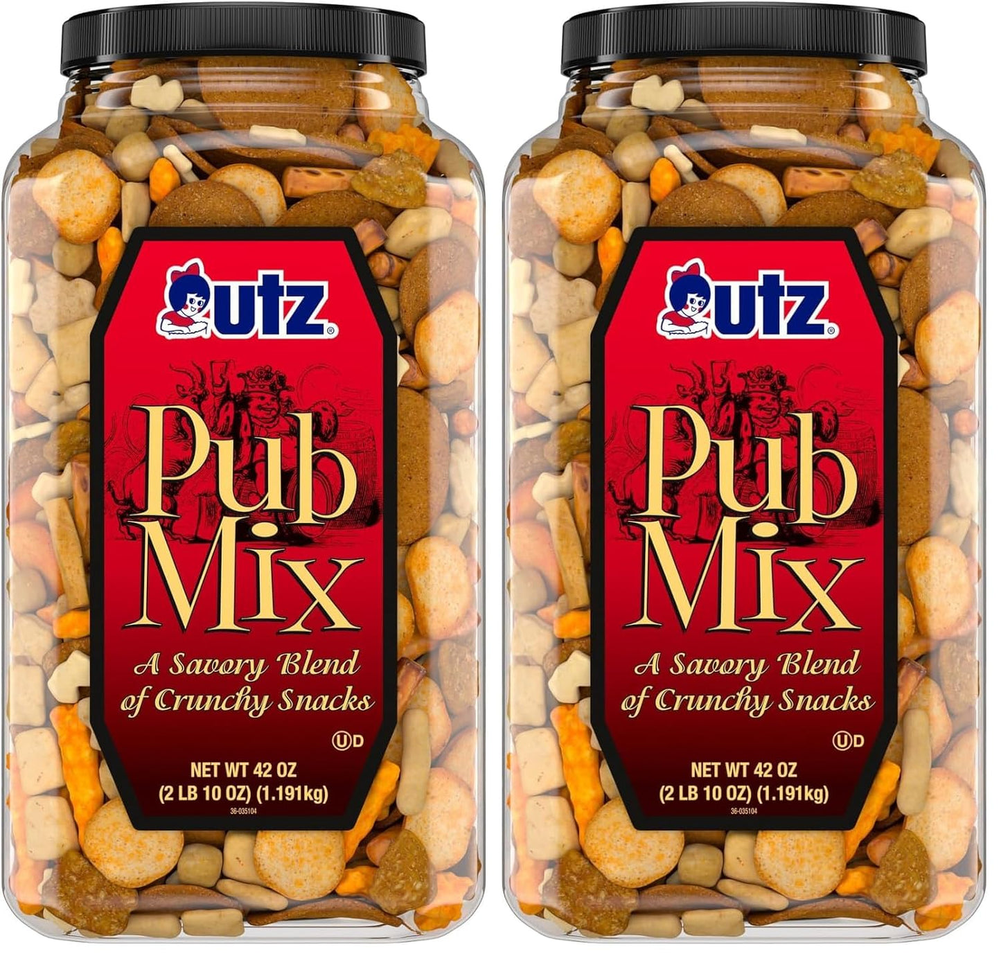 Utz Pub Mix, 42 Oz. Barrel, Savory Snack Mix with a Blend of Crunchy Flavors for a Tasty Party Snack, Resealable Container, Trans-Fat Free and Kosher Certified