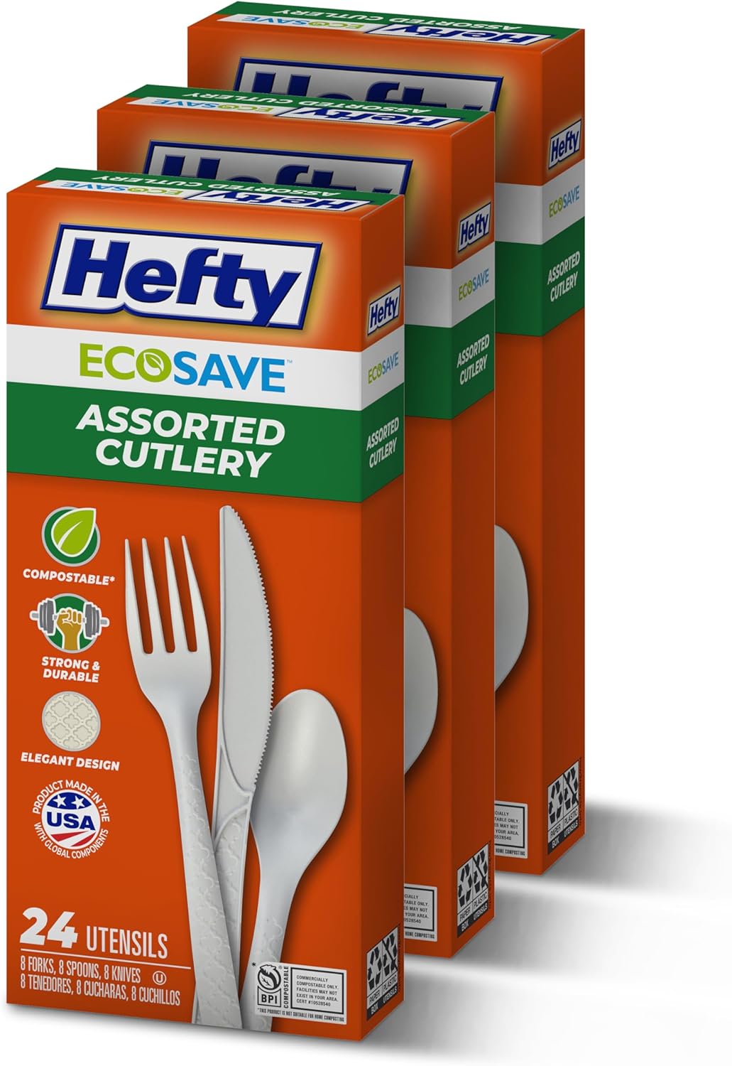 Hefty ECOSAVE Compostable Assorted Cutlery Set, Utensils for BBQs, Tailgates, Camping, Parties, and More, Includes 8 Forks, 8 Spoons, and 8 Knives, Compostable, Sustainable Design, 24 Count