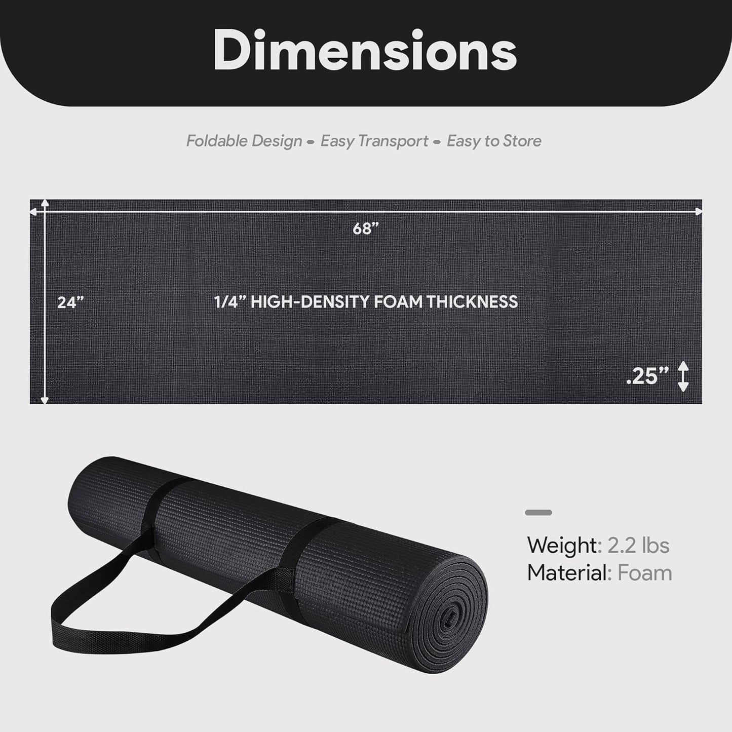 Fitvids All Purpose 1/4-Inch High Density Anti-Tear Exercise Yoga Mat with Carrying Strap, Multiple Colors