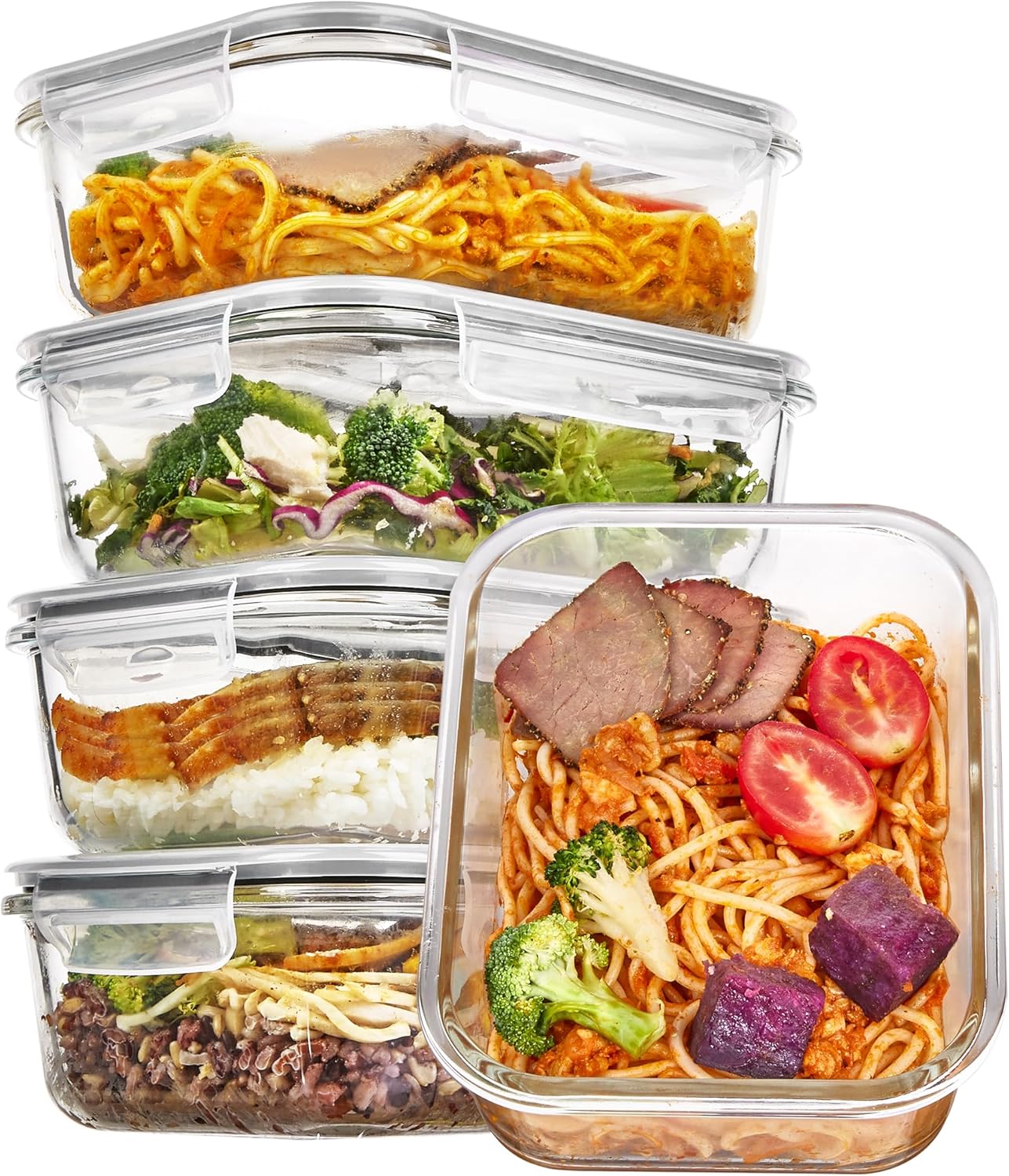 Vtopmart 5Pack 22oz Glass Storage Containers with Lids, Glass Meal Prep Food Container Sets with Snap Airtight Lids for Microwave, Oven, Freezer and Dishwasher, Grey