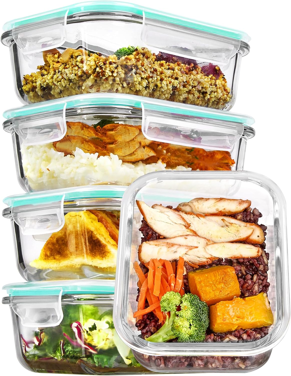 Vtopmart 5Pack 22oz Glass Storage Containers with Lids, Glass Meal Prep Food Container Sets with Snap Airtight Lids for Microwave, Oven, Freezer and Dishwasher, Grey