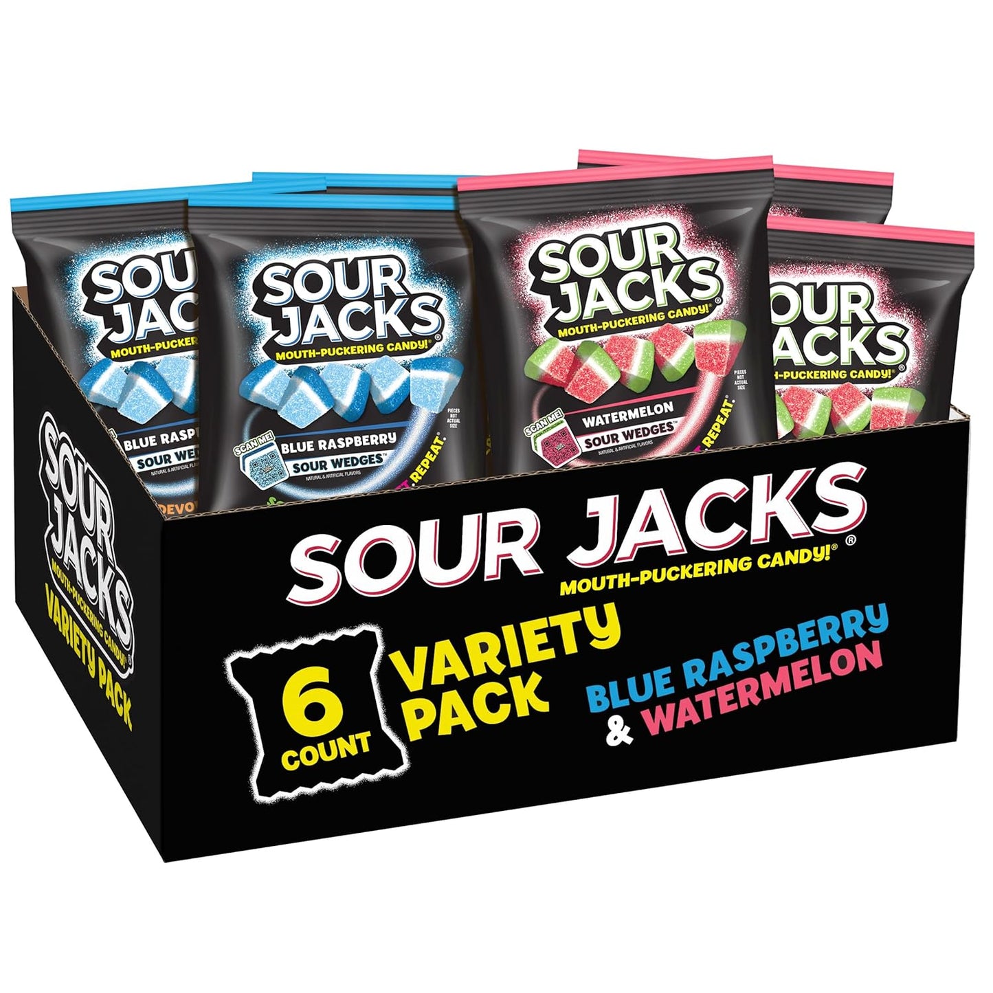 SOUR JACKS, Sour Gummy Candy, Variety Pack, 75 0.5 oz Snack-Size Pouches, Watermelon, Blue Raspberry, and Assorted Fruit, Individually Wrapped, Fat Free, Gluten Free