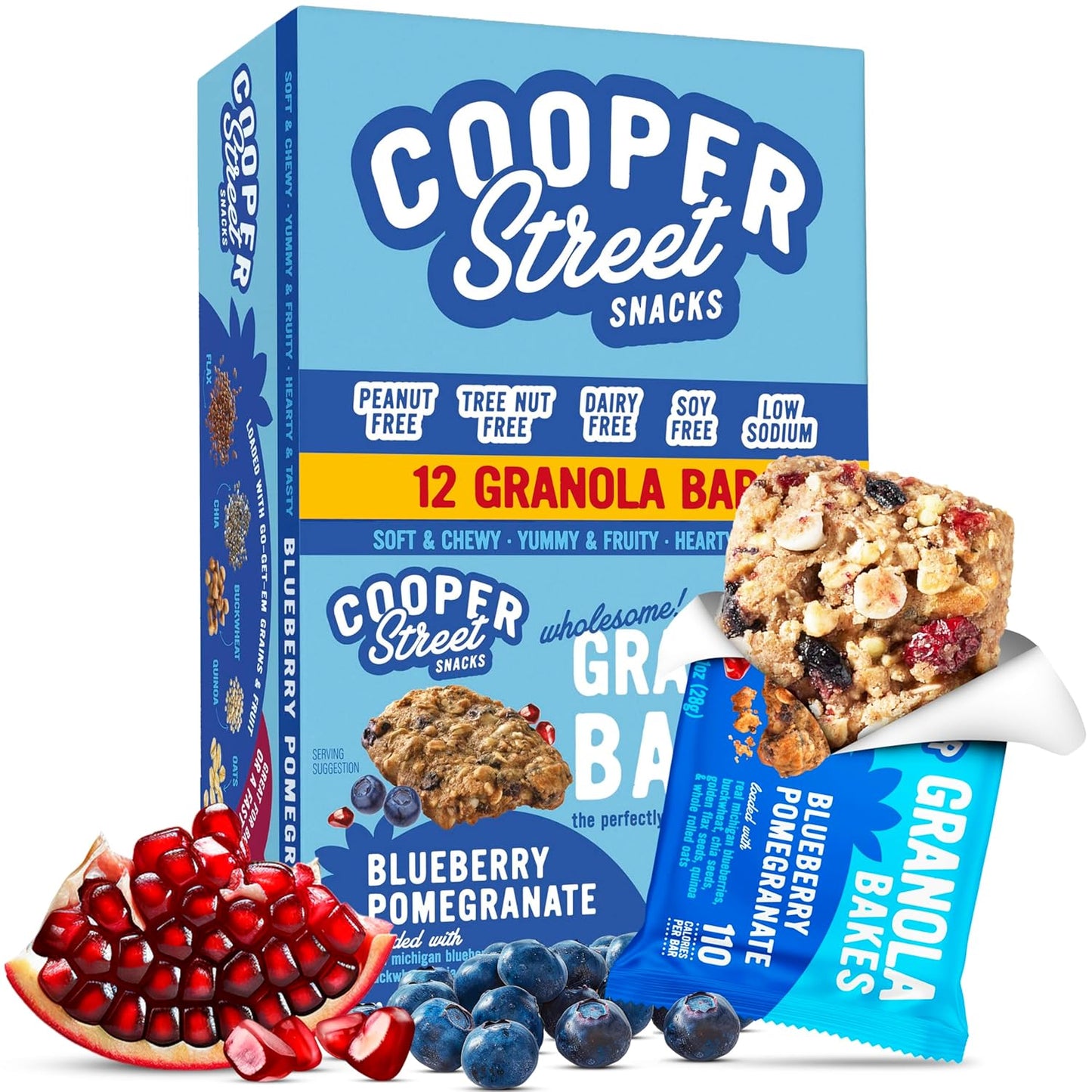 Cooper Street Granola Bakes - Soft Baked Oats, Grain & Seeds Breakfast Granola Cookie Bars - Nut & Dairy Free, Low Sodium, Healthy Lunchbox Snacks for Kids & Adults - Blueberry Pomegranate - 12 Pack
