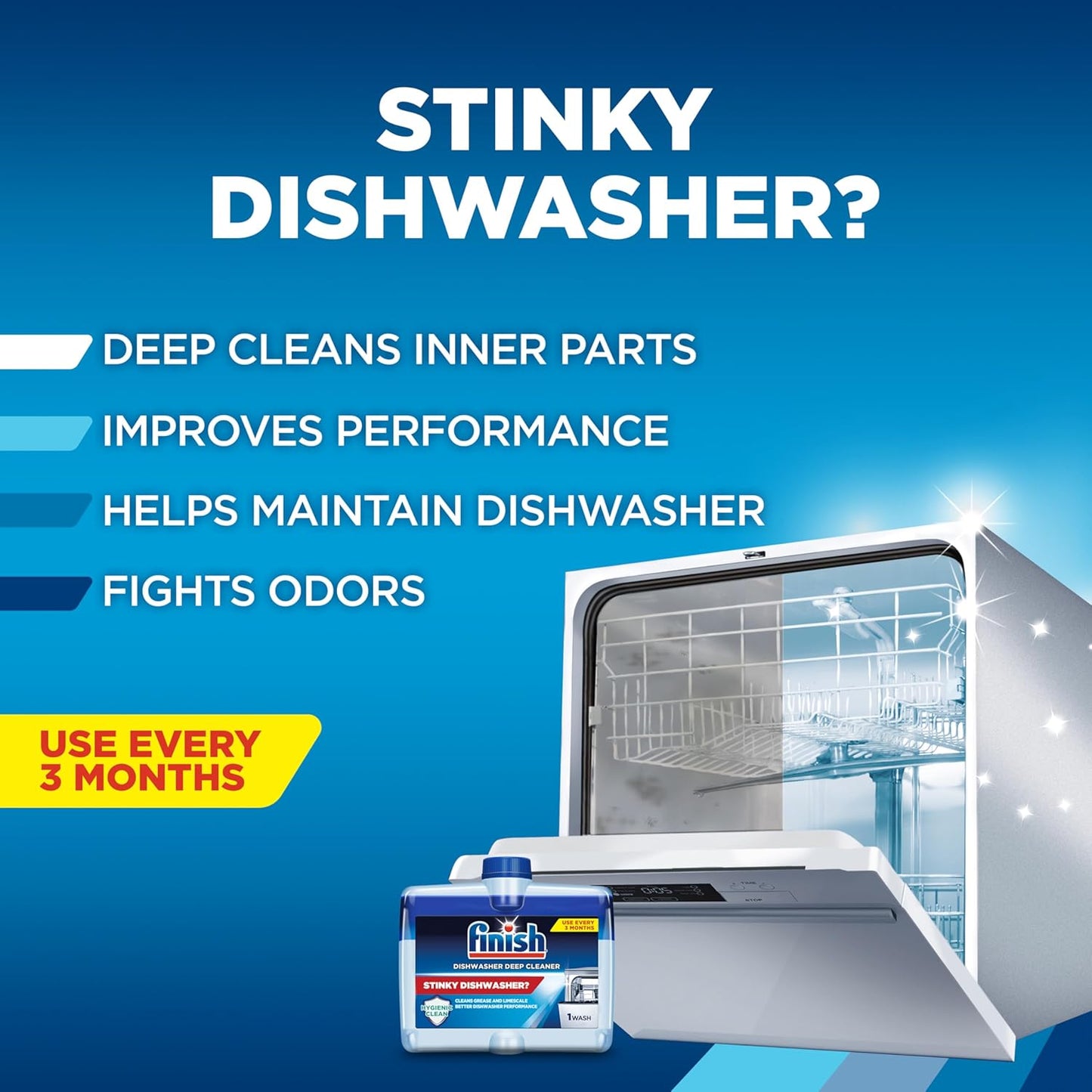 Finish Dishwasher Cleaner Liquid, Deep Cleans Hidden Grease & Limescale, Fights Odors & Maintains Performance, 3 Month Supply, 8.45oz, 1 Bottle