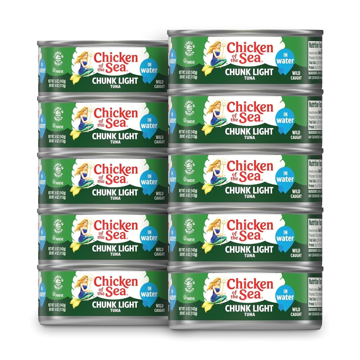 Chicken of the Sea Wild Caught Chunk Light Tuna, 5 Ounce Cans, 10-Count – High Protein 100% Classic Chunk Tuna in Water – Delicious, Easy, Nutritious Ready to Eat Meals