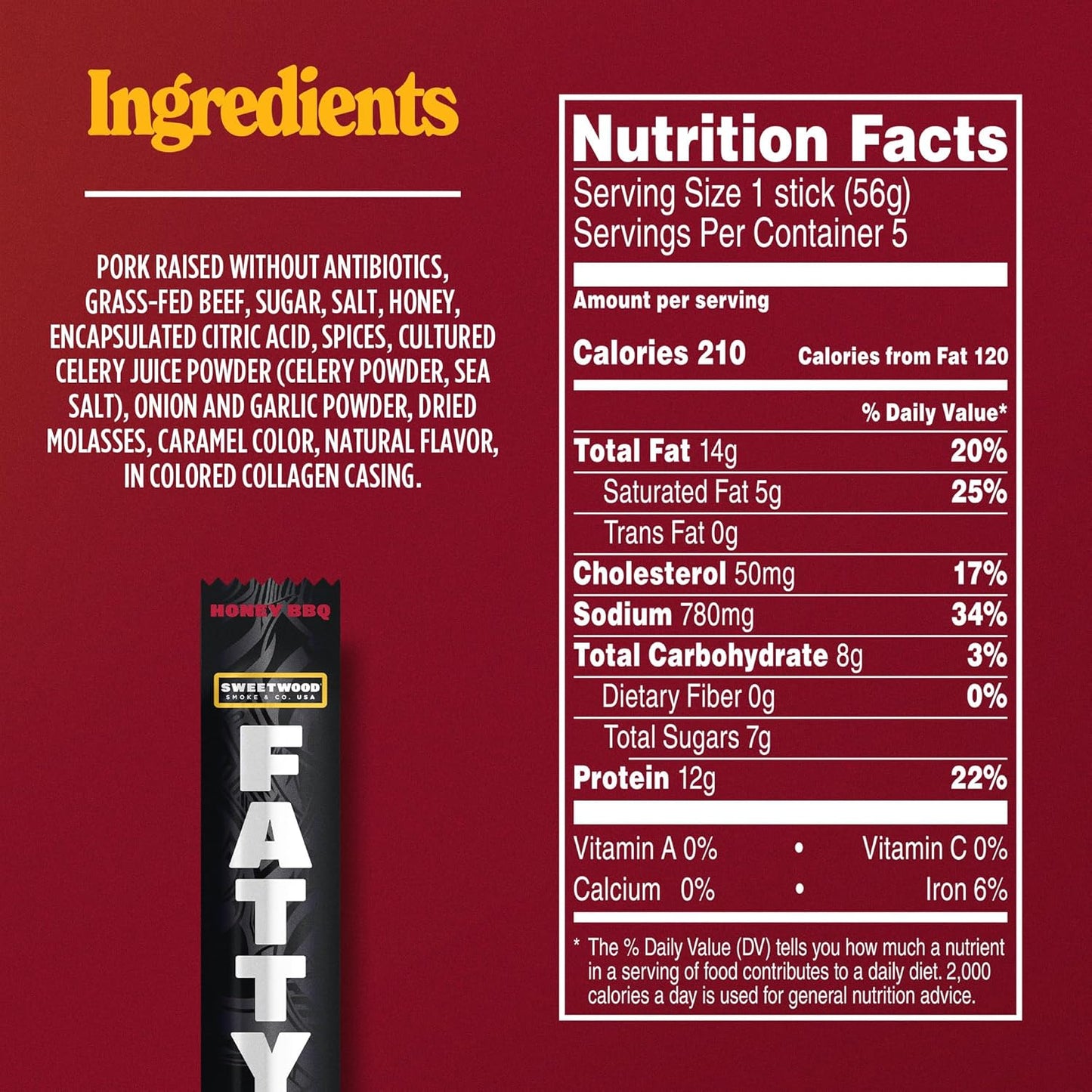 FATTY Meat Sticks, Made with Grass Fed Beef, Pork Raised Without Antibiotics, 12g Protein Per Stick, Honey BBQ, 2 oz. (Pack of 5)