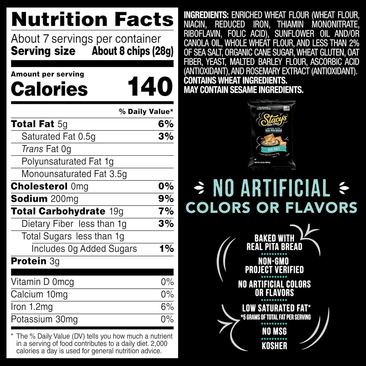 Stacy’s Pita Chips, Sea Salt, No Artificial Colors or Flavors, 7.33 Oz