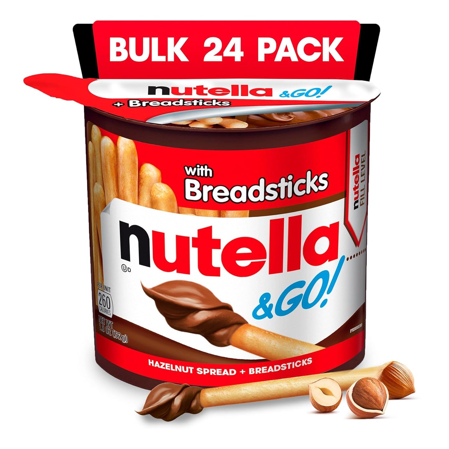 Nutella & GO! Chocolate Hazelnut Spread with Cocoa, 24 snack packs, 1.8 oz each, bulk snack