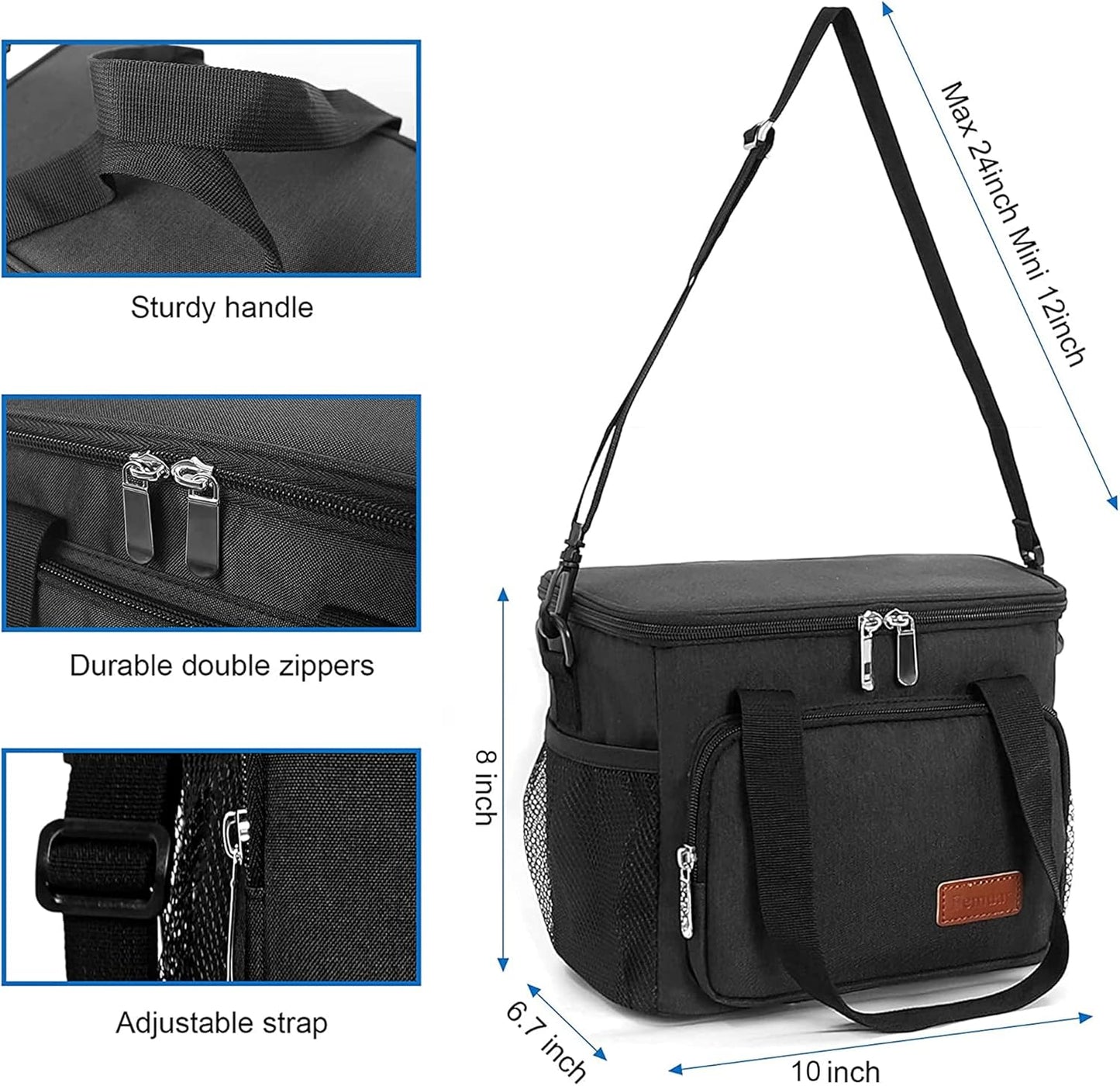 Femuar Reusable Lunch Box for Men/Women - Insulated Lunch Bag Leakproof Lunchbox for Work Office Picnic Beach - Freezable Lunch Cooler Bag with Adjustable Shoulder Strap - Black