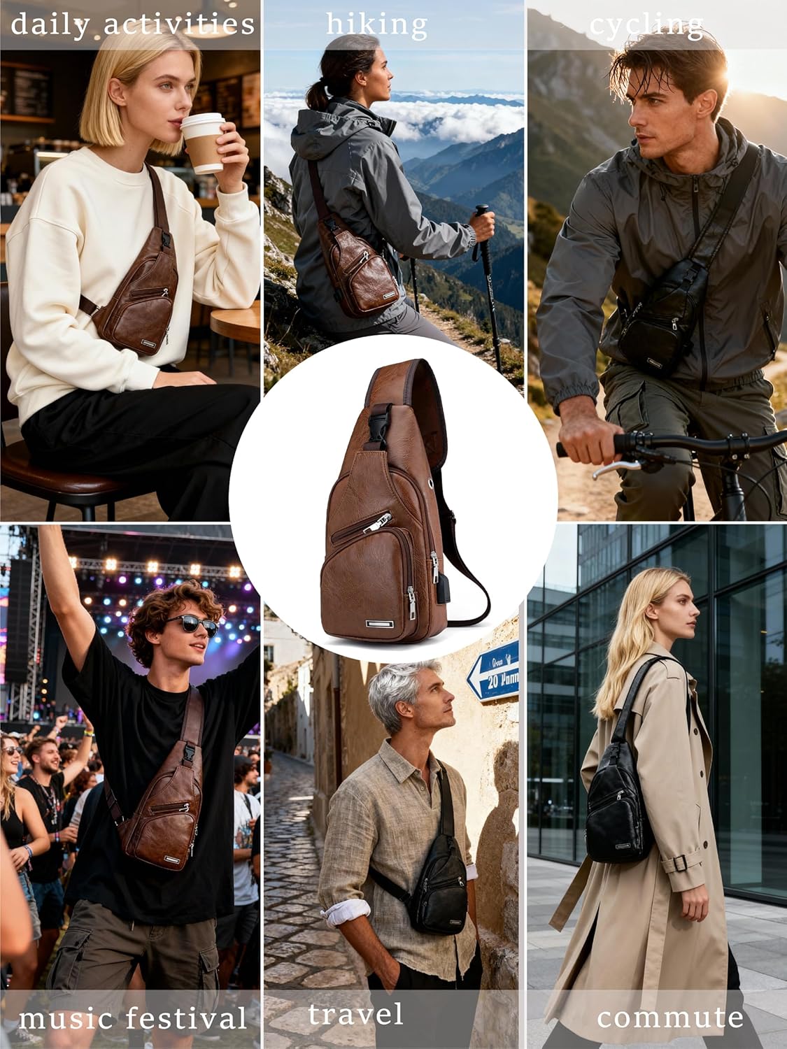 Sling Bag for Men Women, PU Crossbody Bags, Hiking Daypack Chest Bag Fanny Pack for Outdoors Travel Daily Commute