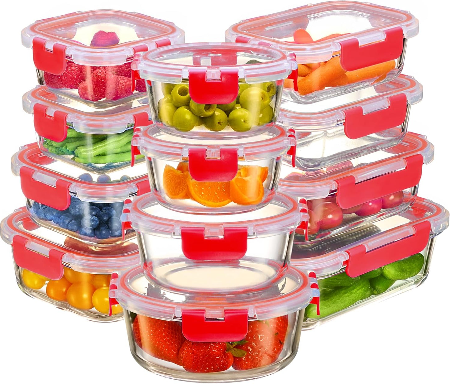 FineDine 24 Piece Premium Borosilicate Glass Meal Prep Containers Glass - Airtight Food Storage Containers with Lids, Hinged Locking Lid, BPA Free, For Meal Prep/Freezer/Oven