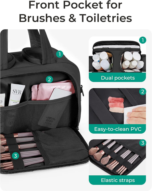BAGSMART Travel Toiletry Bag, Lightweight Large Wide-open Travel Bag for Women, Puffy Cosmetic Makeup Bag Organizer with Handle for Accessories,Essentials, Toiletries, Black