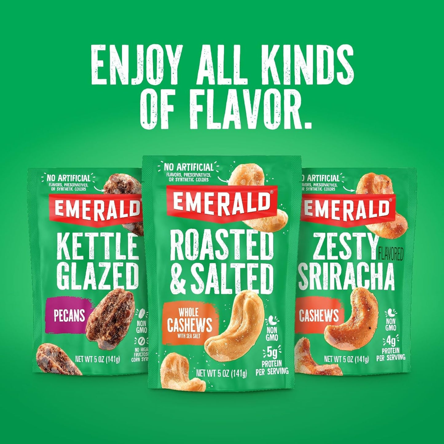Emerald Nuts Roasted and Salted Cashews 7ct (1-Pack), 100-Calorie Individual Packs, Plant-Based Protein, Kosher Certified, Non-GMO, Contains No Artificial Preservatives, Flavors or Synthetic Colors