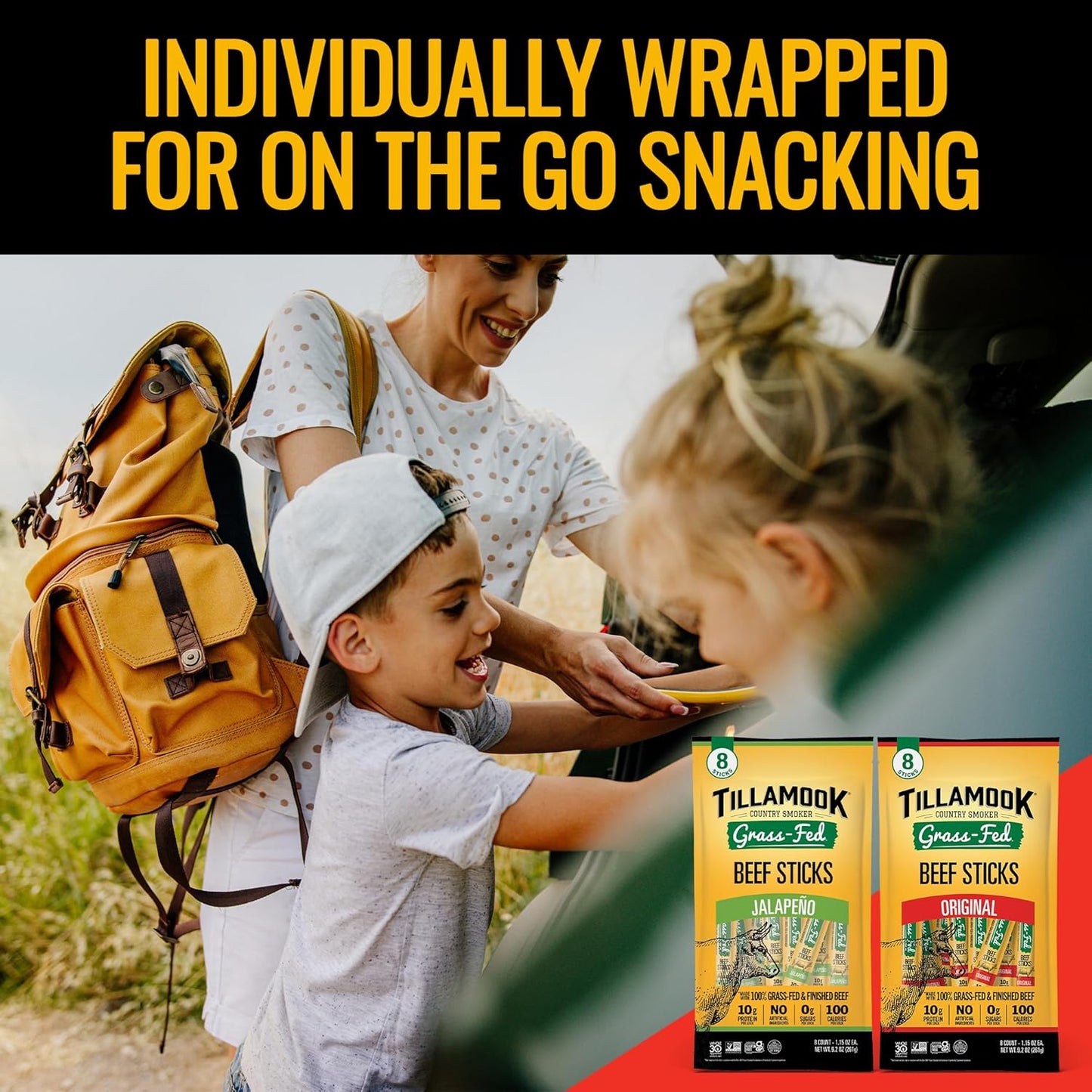 Tillamook Country Smoker 100% Grass Fed Beef Sticks, Zero Sugar, Original, 1.15 Ounce, 8 Pack, Non-GMO Clean Meat Snacks, 10g High Protein Per Stick, Gluten Free Keto Snack, Individually Wrapped