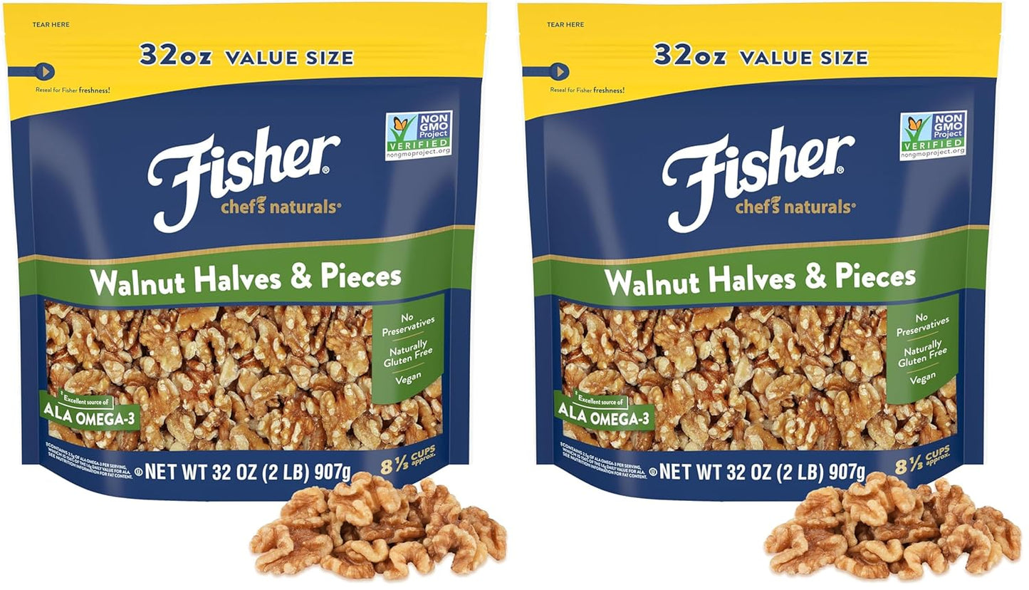 Fisher Chef's Naturals Walnut Halves & Pieces 16 oz, 100% California Unsalted Walnuts for Baking & Cooking, Healthy Snacks for Adults, Resealable Bag, Vegan Protein, Keto Snack, Chopped Nuts, Topping