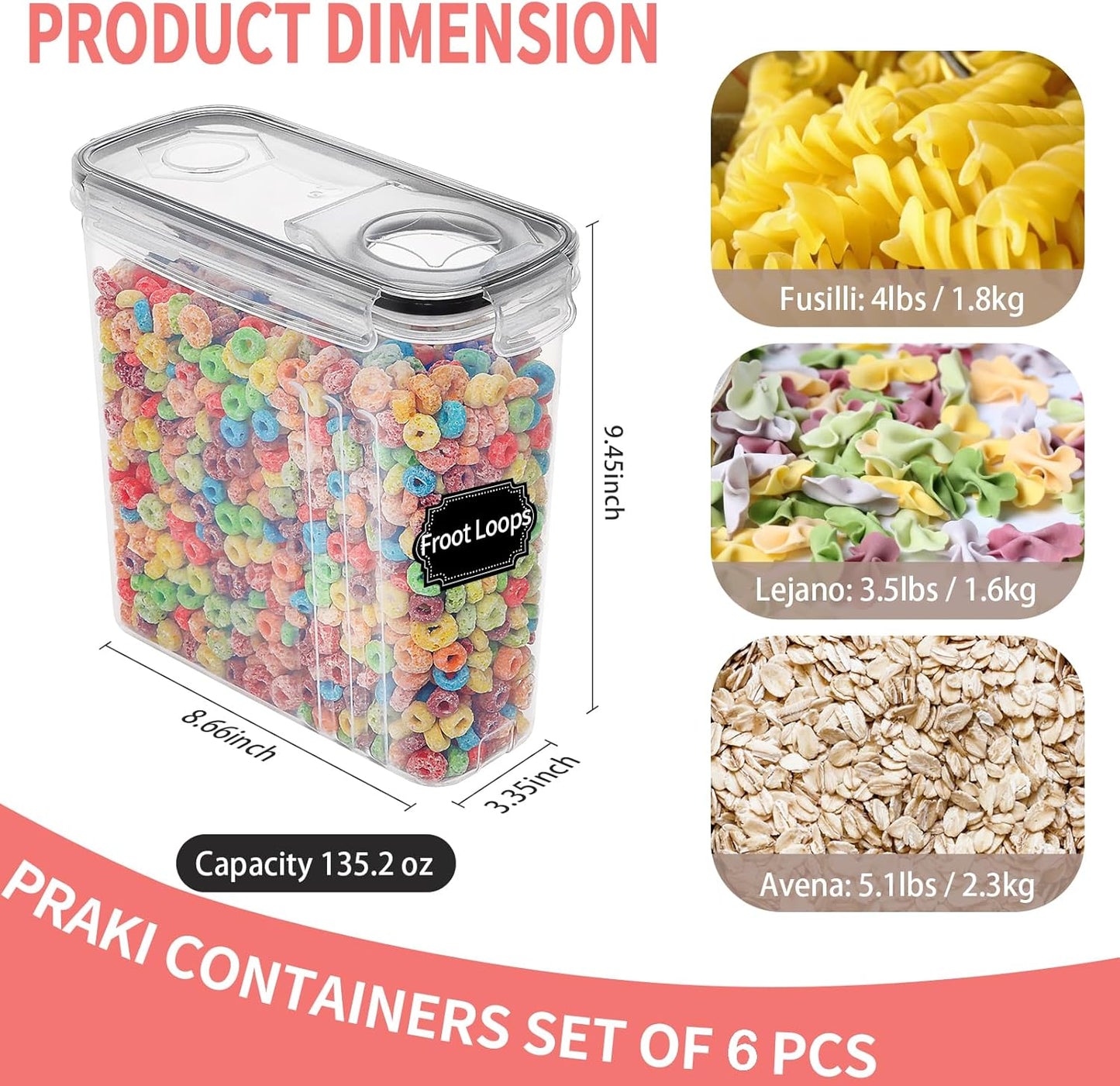 PRAKI Large Dry Food Storage Containers with Lids, 6PCS Airtight Cereal Containers Storage Set, Leak-proof Canister Set for Kitchen Pantry Organization with 20 Labels & Marker (4L Black)