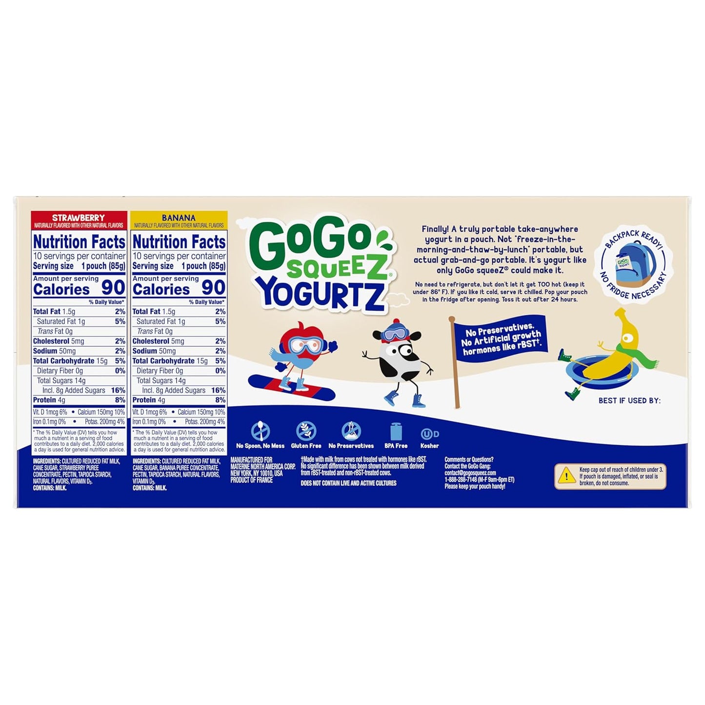 gogo squeeZ yogurtZ variety pack, strawberry & banana, 3oz, pack of 20, kids snacks, gluten free, nut free, recloseable cap, bpa free pouches