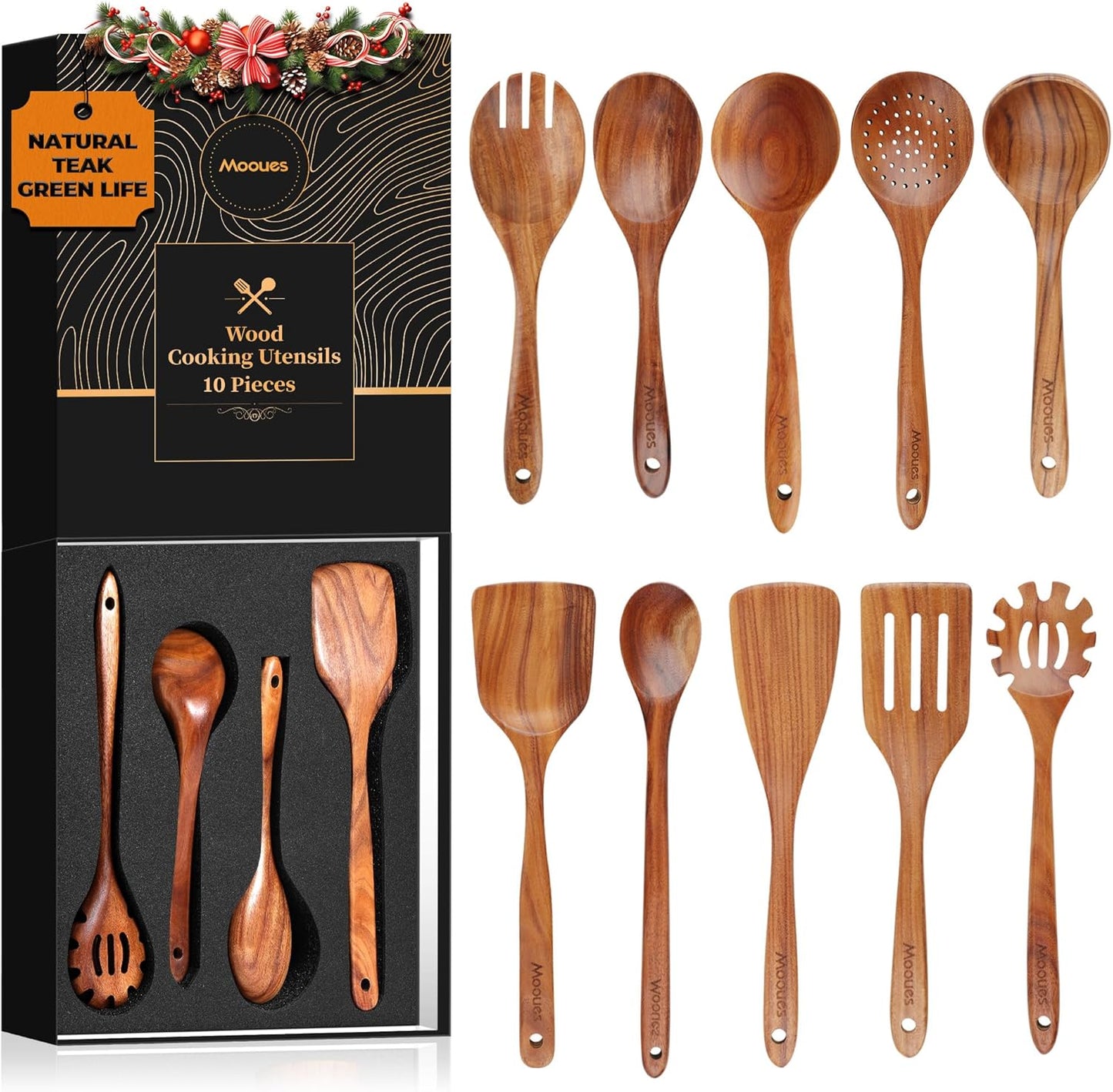 9‑Piece Natural Teak Wooden Kitchen Utensil Set with Spoon Rest and Holder