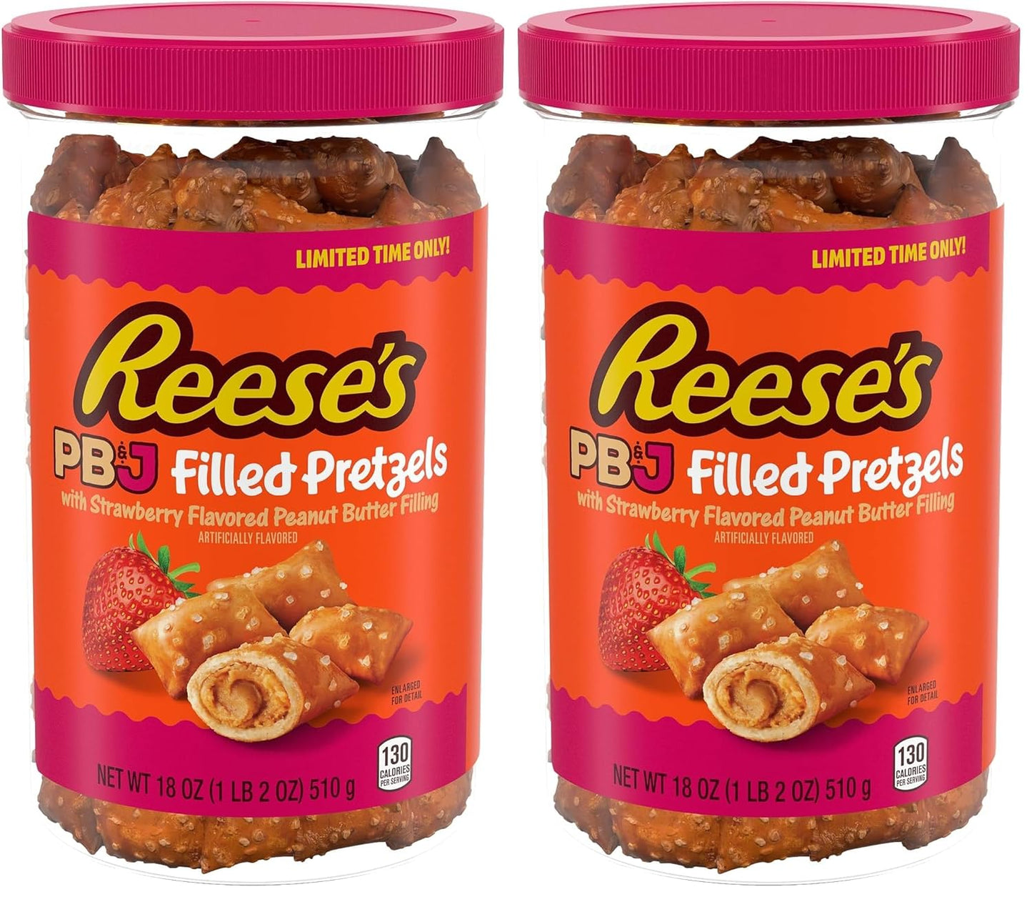 Reese's Filled Pretzels, Peanut Butter and Strawberry Flavored Pretzel Nuggets, Crunchy, Ready to Eat, Sweet and Salty Snack, 18 oz Cannister
