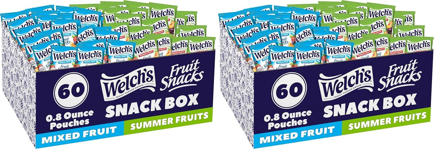 Welch's Fruit Snacks, Mixed Fruit & Summer Fruits Snack Box, Gluten Free, 0.8oz Snack Packs (Pack of 60)
