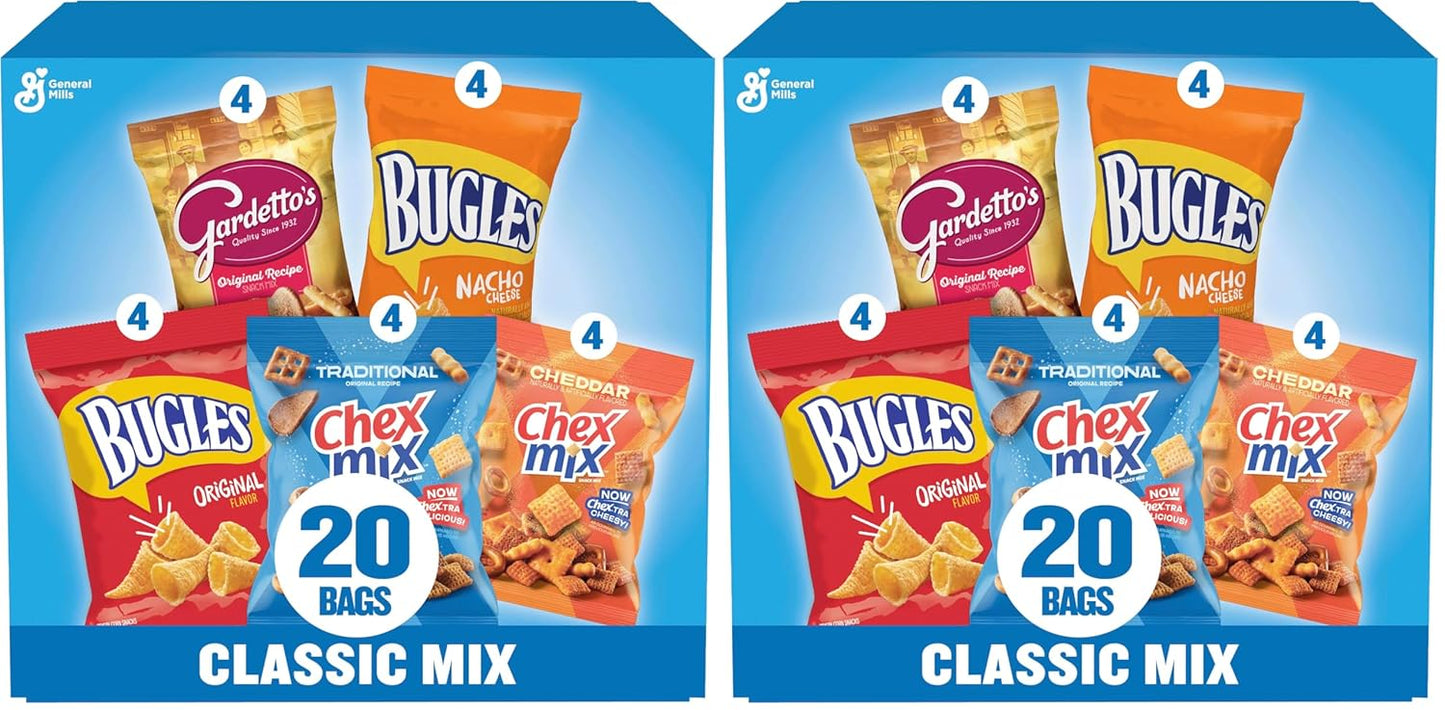 Classic Mix Snack Variety Pack, Bugles Original and Nacho Cheese, Gardetto's Original Recipe, Chex Mix Traditional and Cheddar, 20 Ct, 28 oz