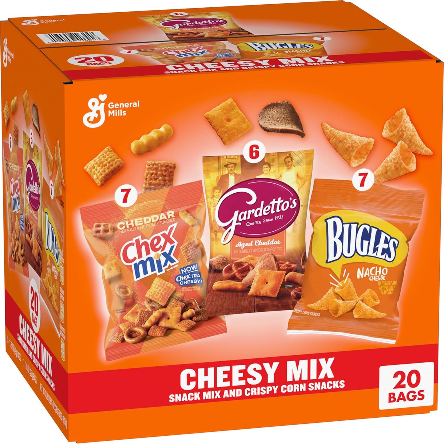 Classic Mix Snack Variety Pack, Bugles Original and Nacho Cheese, Gardetto's Original Recipe, Chex Mix Traditional and Cheddar, 20 Ct, 28 oz