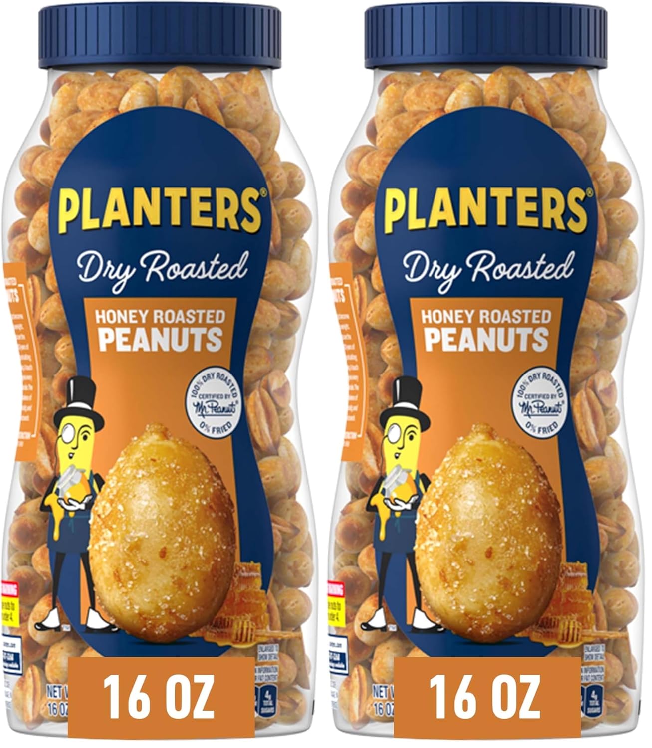 PLANTERS Honey Roasted Peanuts, Dry Roasted Peanuts, Party Snack, Plant-Based Protein, After School Snack, Sweet and Salty, Salted Nuts, Sea Salt & Honey, Snacks for Adults, Kosher, 16oz Jar