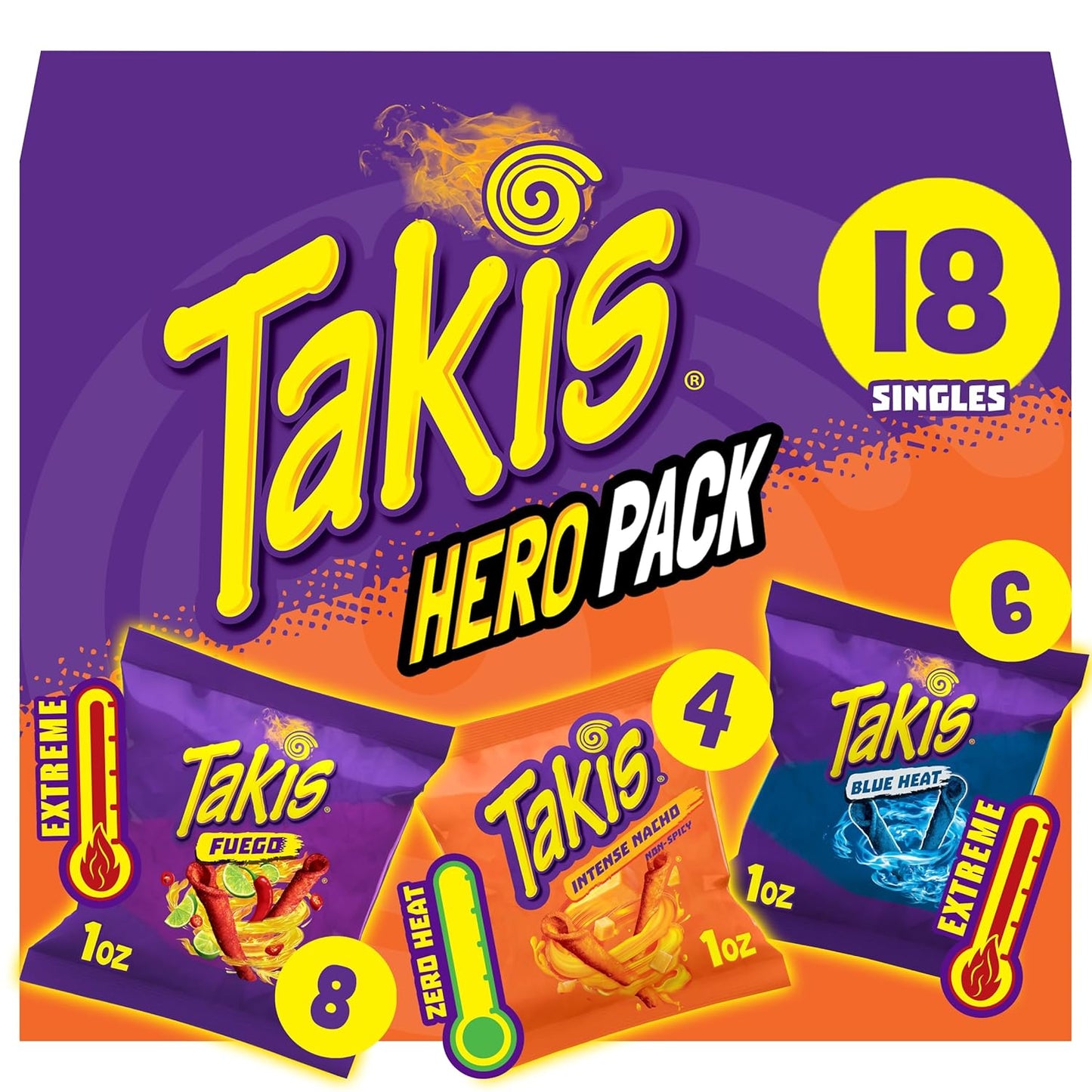 Takis 18 pc / 1 oz Variety Pack, Assorted Flavored Mixed Rolled Tortilla Chips – (5) Fuego, (5) Blue Heat, (4) Nitro, (4) Crunchy Fajitas