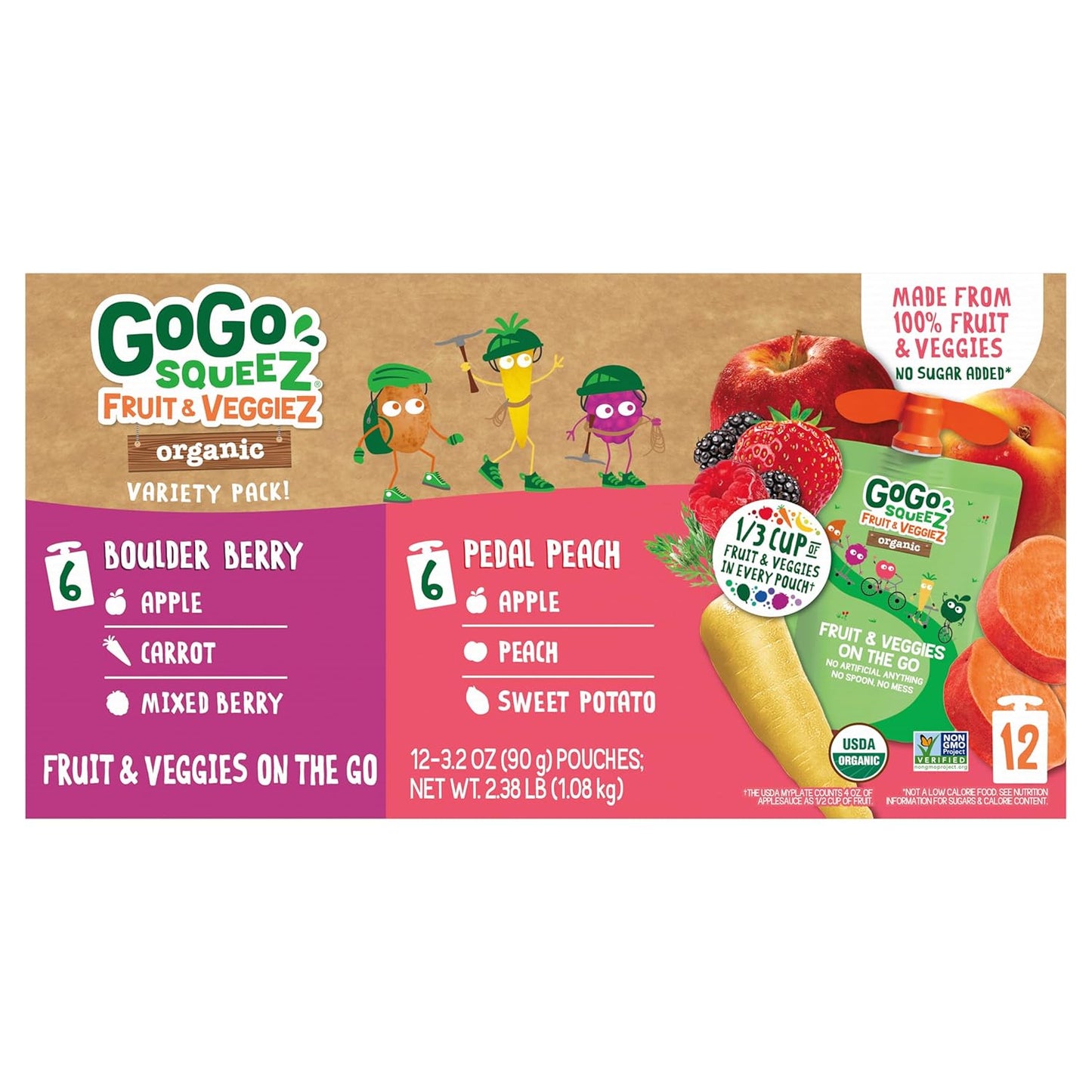 GoGo squeeZ No Sugar Added Organic Fruit & veggieZ Applesauce and Puree Variety Pack, Pedal Peach and Boulder Berry, 3.2 oz Pouches (Pack of 12), Fruit Snacks for Kids, Gluten Free, Nut Free, Recloseable Cap, BPA Free
