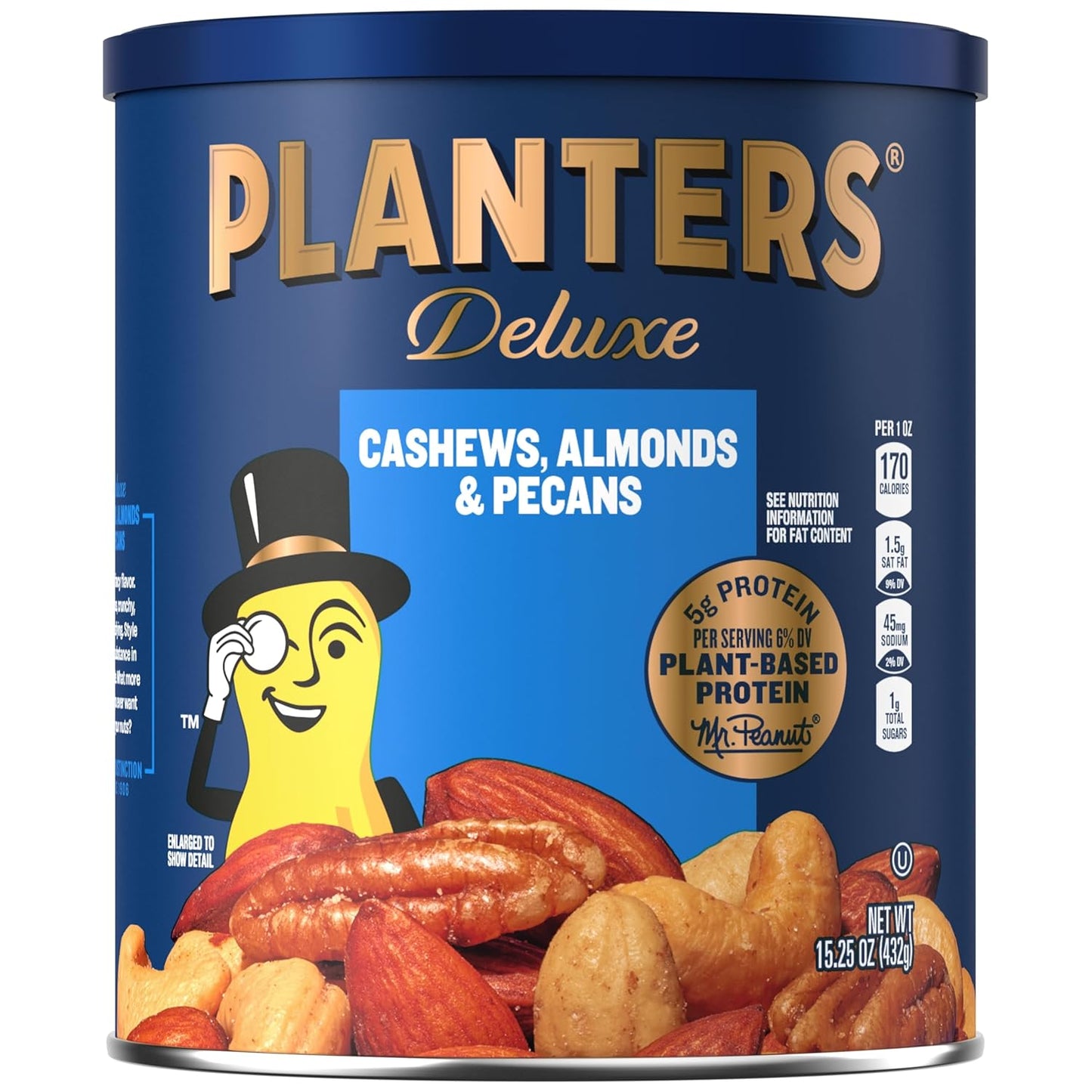 PLANTERS Deluxe Mixed Nuts, Cashews, Almonds, Brazil Nuts Mix, Pistachios, Pecans, Lightly Salted, Snacks for Adults and Kids, Party Snack, 15.25oz