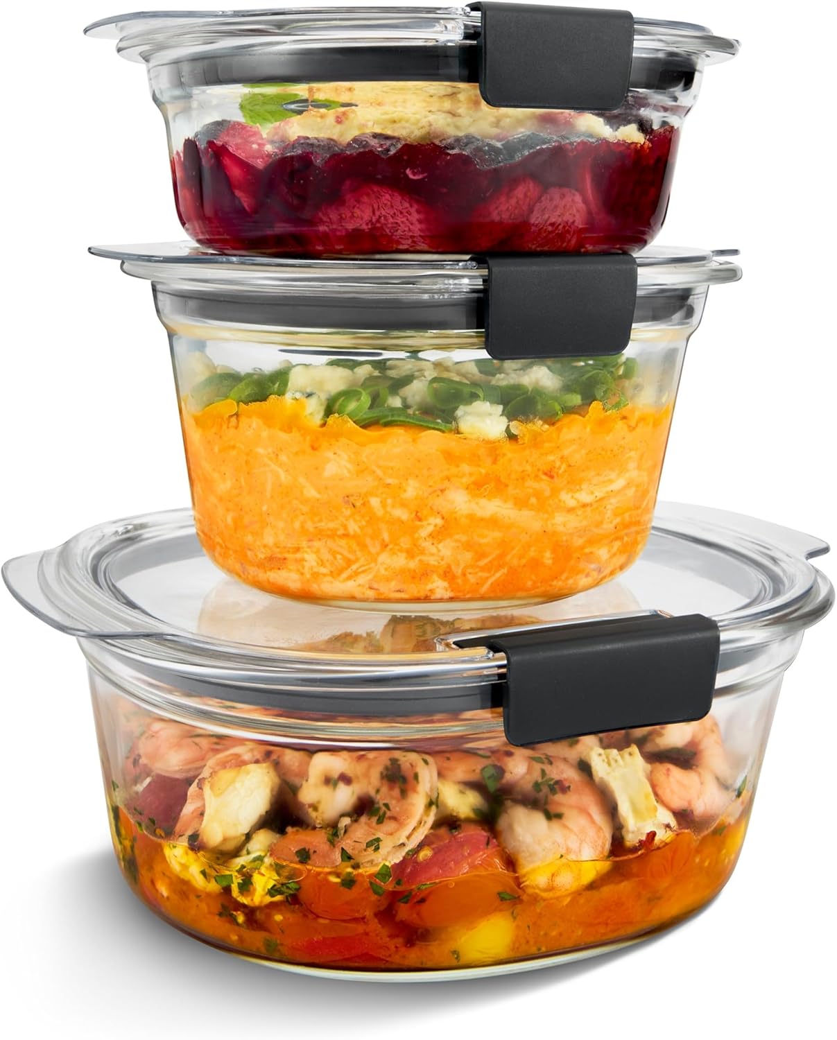 Rubbermaid Brilliance Glass Food Storage set of 4 containers 8 total pieces (4 containers + 4 lids) for Lunch Meal Prep and Leftovers Dishwasher and Oven Safe Clear/Grey