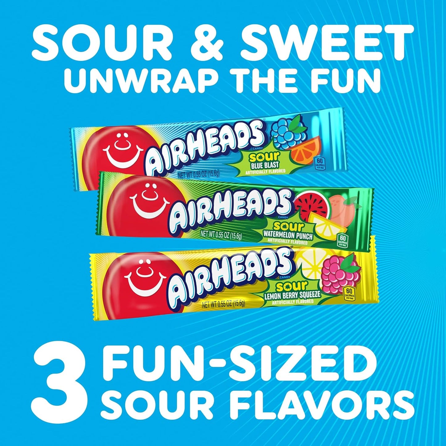 Airheads SOUR Candy Bars, Sour Watermelon Punch, Blue Blast, Lemon Berry Squeeze, 9 Bar Movie Theater Box