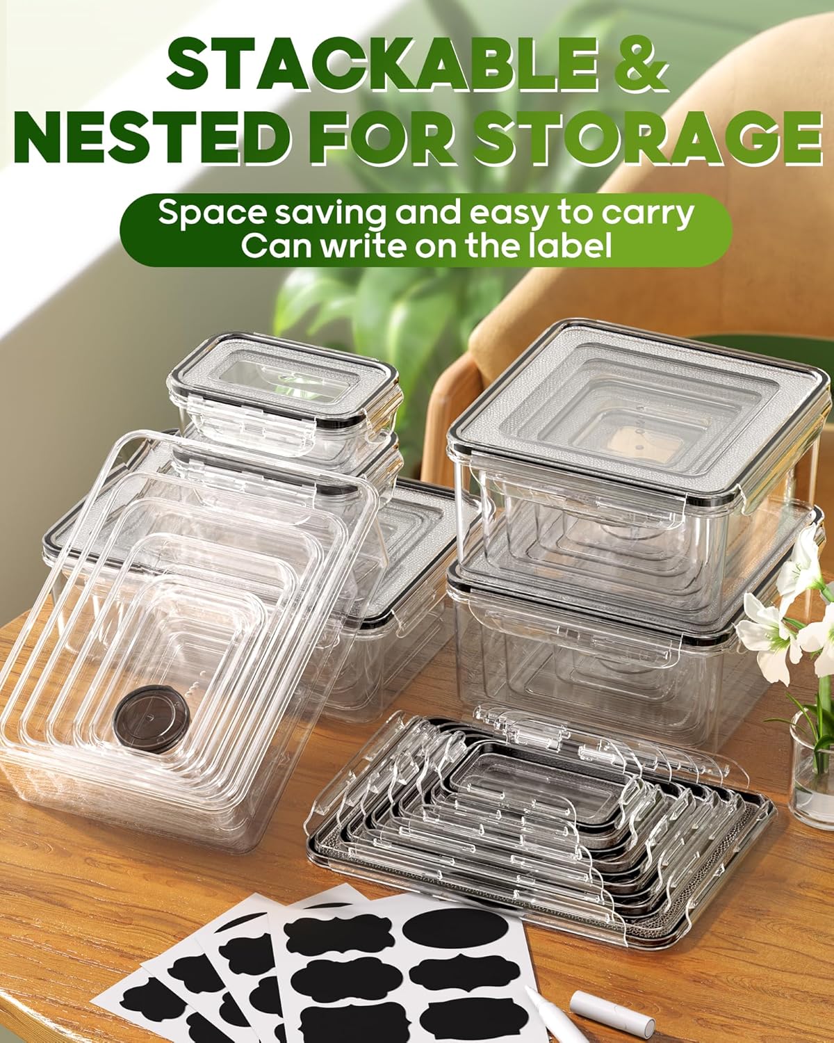 60 PCS Food Storage Containers with Lids, BPA-Free Plastic Food Containers for Kitchen Storage, Leak Proof, Reusable Meal Prep Containers with Labels & Pen