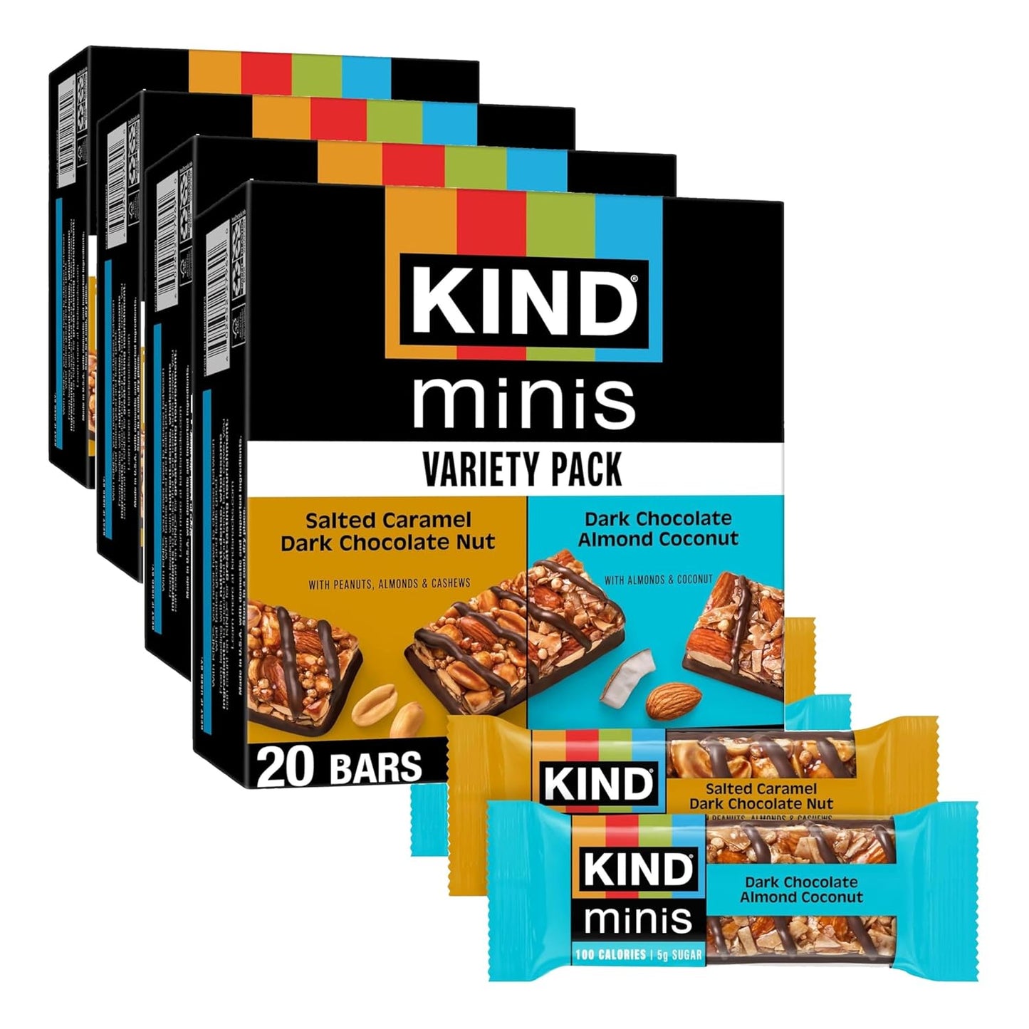 KIND Mini Snack Bars Variety Pack, Gluten Free, Low Sugar, Low Calorie Snacks, Salted Caramel Dark Chocolate Nut, Dark Chocolate Almond Coconut, 20 Count