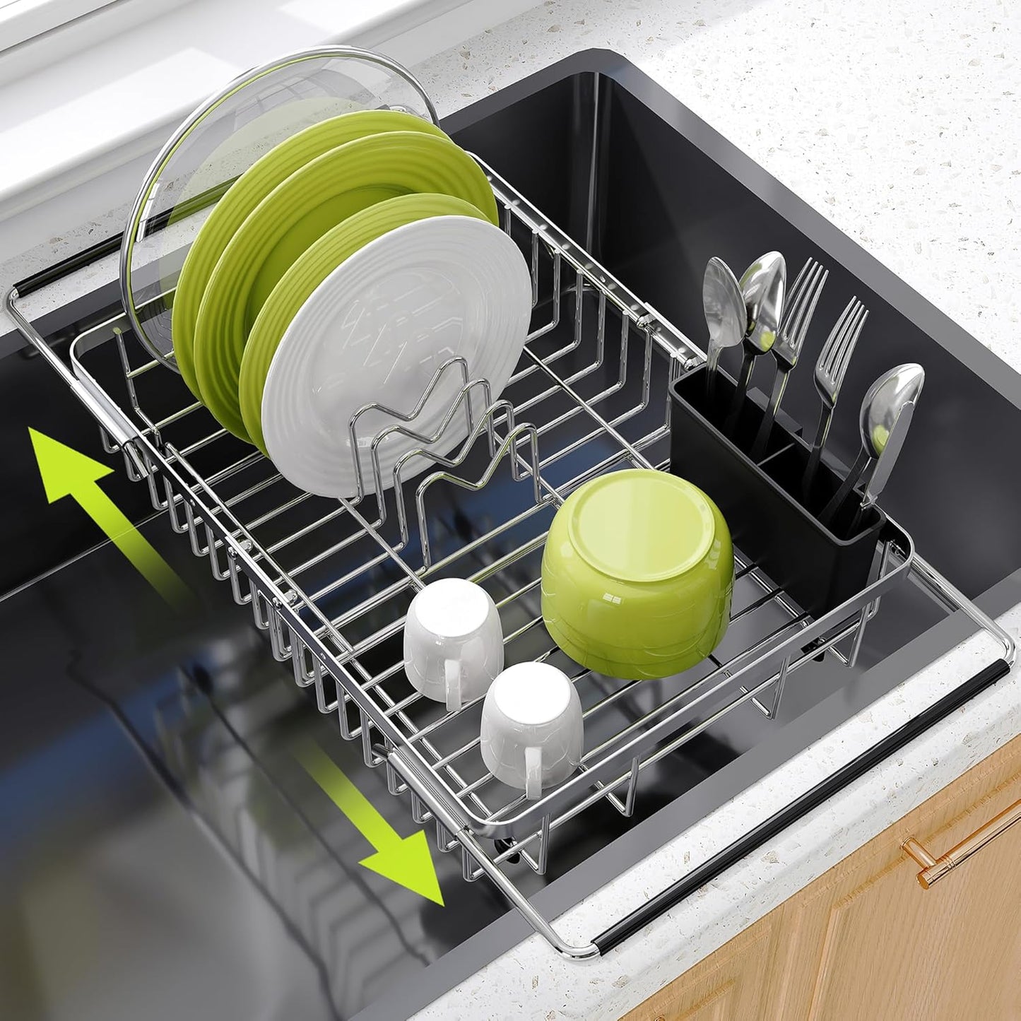 JASIWAY Dish Drying Rack in Sink, Expandable Stainless Steel Dish Drainers for Kitchen Counter, Dish Dryer Rack for Inside Sink, Over The Sink Dish Racks with Utensil Holder, Silver