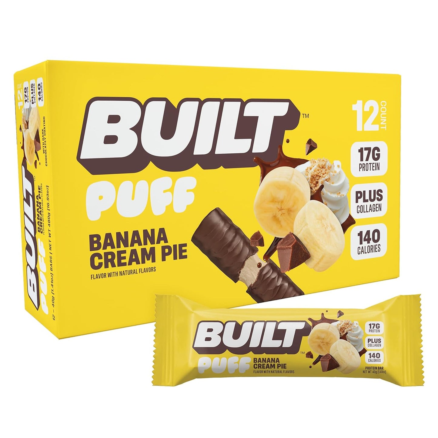 BUILT Bar Sour Puff Protein Bars - Sweet Peach Punch - 16g Protein Snack Bars with Collagen - Calorie Conscious & Gluten Free - 12 Count