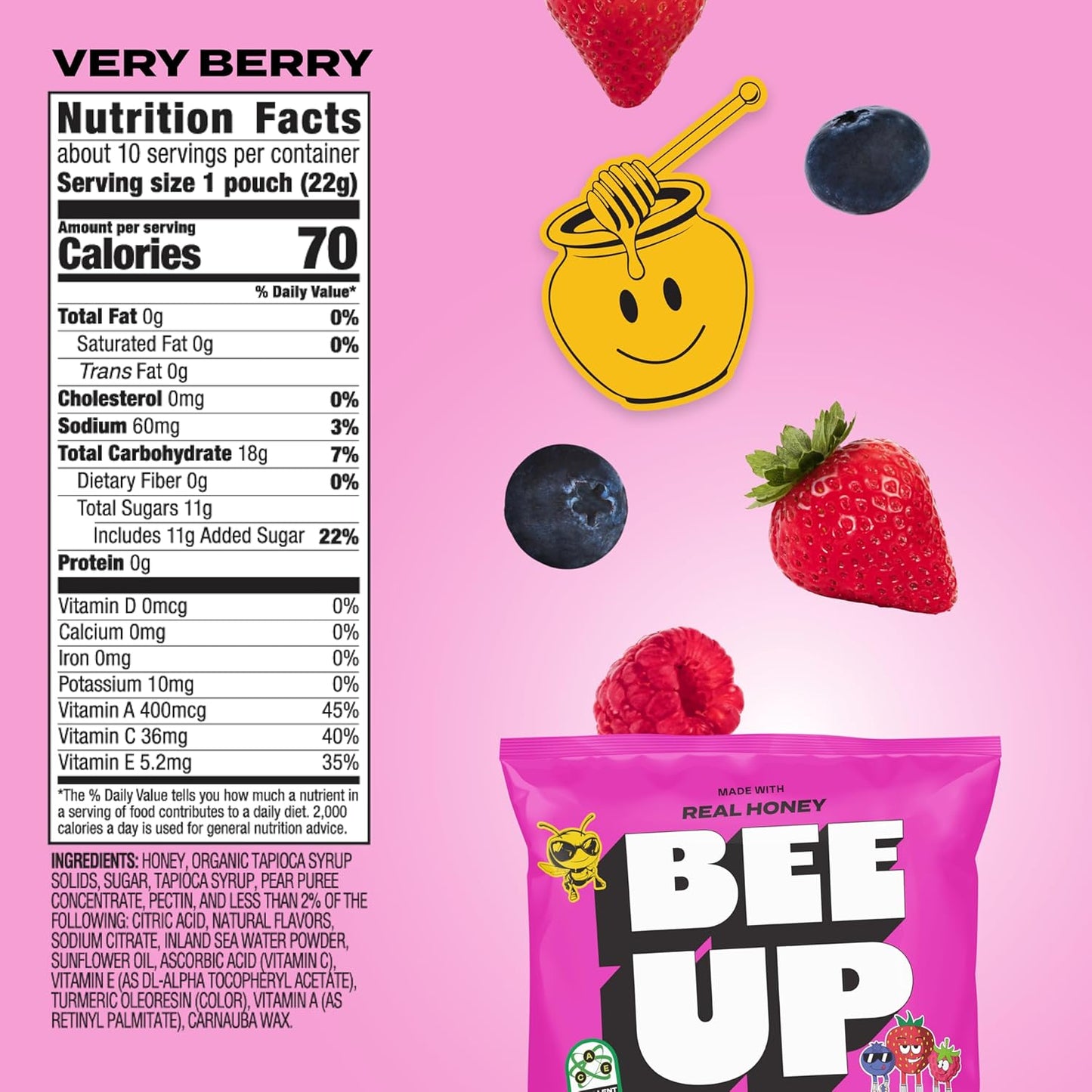 BEEUP Honey Fruit Snacks – With a Teaspoon of Honey in Every Pouch – Dye Free, No Corn Syrup – Individually Wrapped Fruit Snack Packs for School, Sports, Soccer – Very Berry (Pack of 10)
