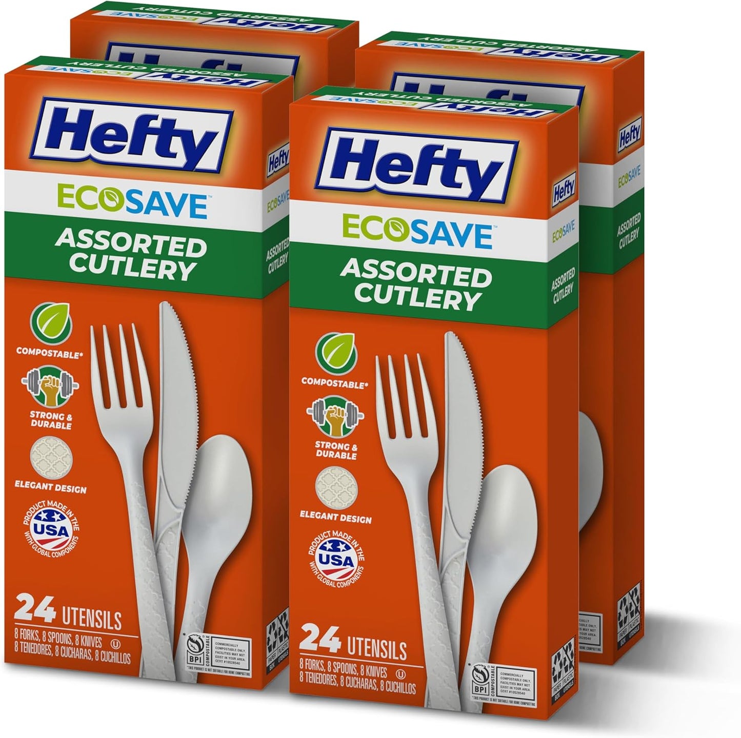 Hefty ECOSAVE Compostable Assorted Cutlery Set, Utensils for BBQs, Tailgates, Camping, Parties, and More, Includes 8 Forks, 8 Spoons, and 8 Knives, Compostable, Sustainable Design, 24 Count