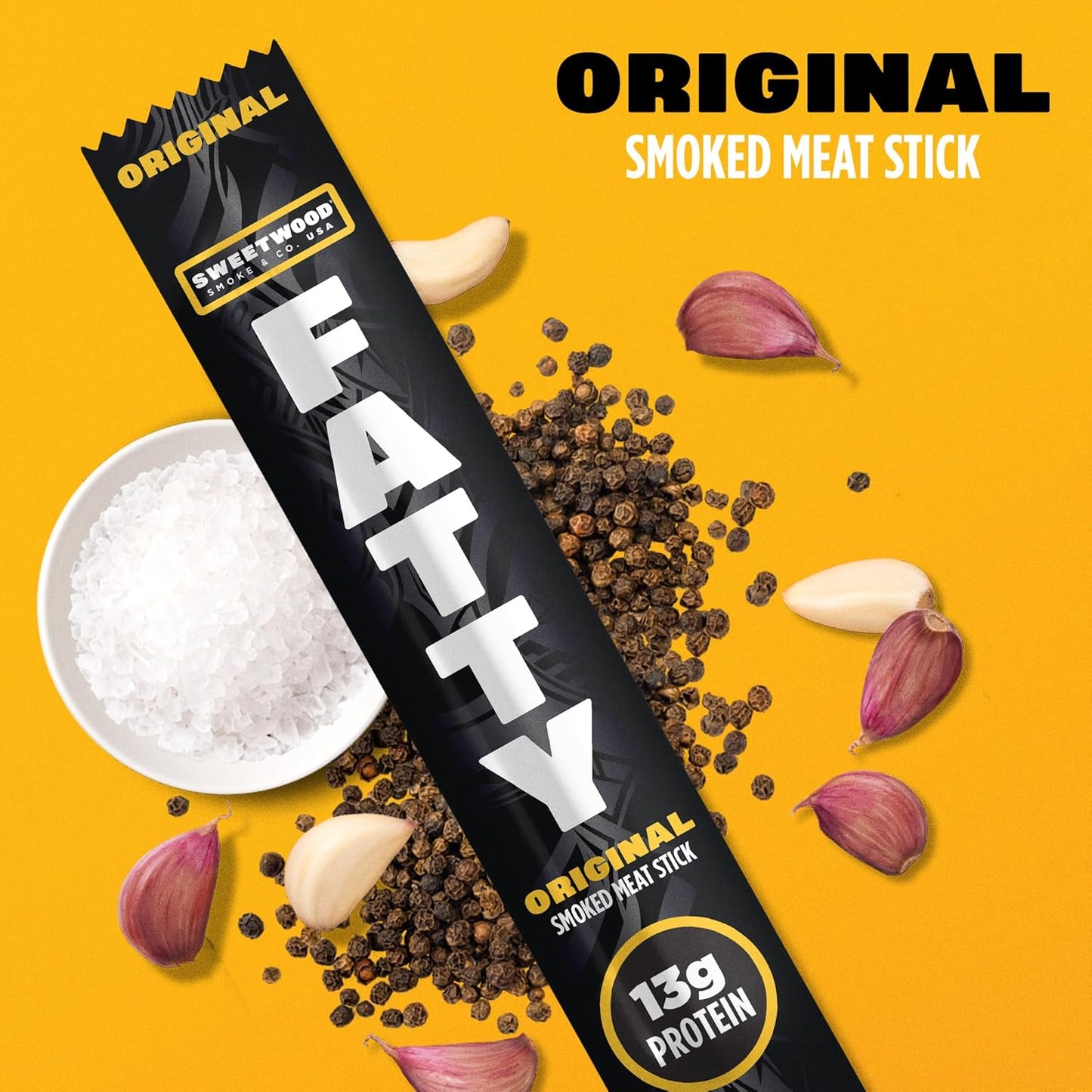 FATTY Meat Sticks, Made with Grass Fed Beef, Pork Raised Without Antibiotics, 13g Protein Per Stick, Original, 2 oz. (Pack of 5)