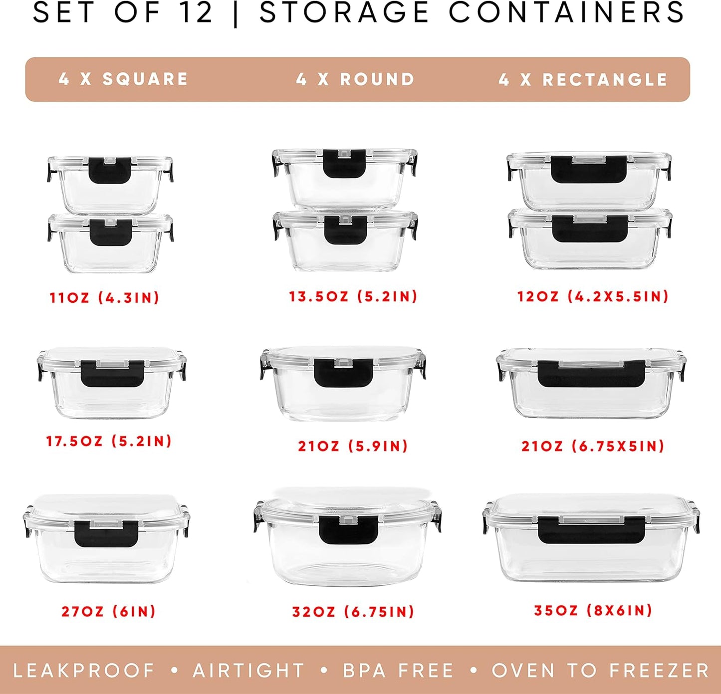 JoyJolt 24pc Borosilicate Glass Storage Containers with Lids | 12 Airtight/Freezer Safe Food Storage Containers for Pantry and Kitchen | Meal Prep Container for Lunch | Glass Tupperware Set